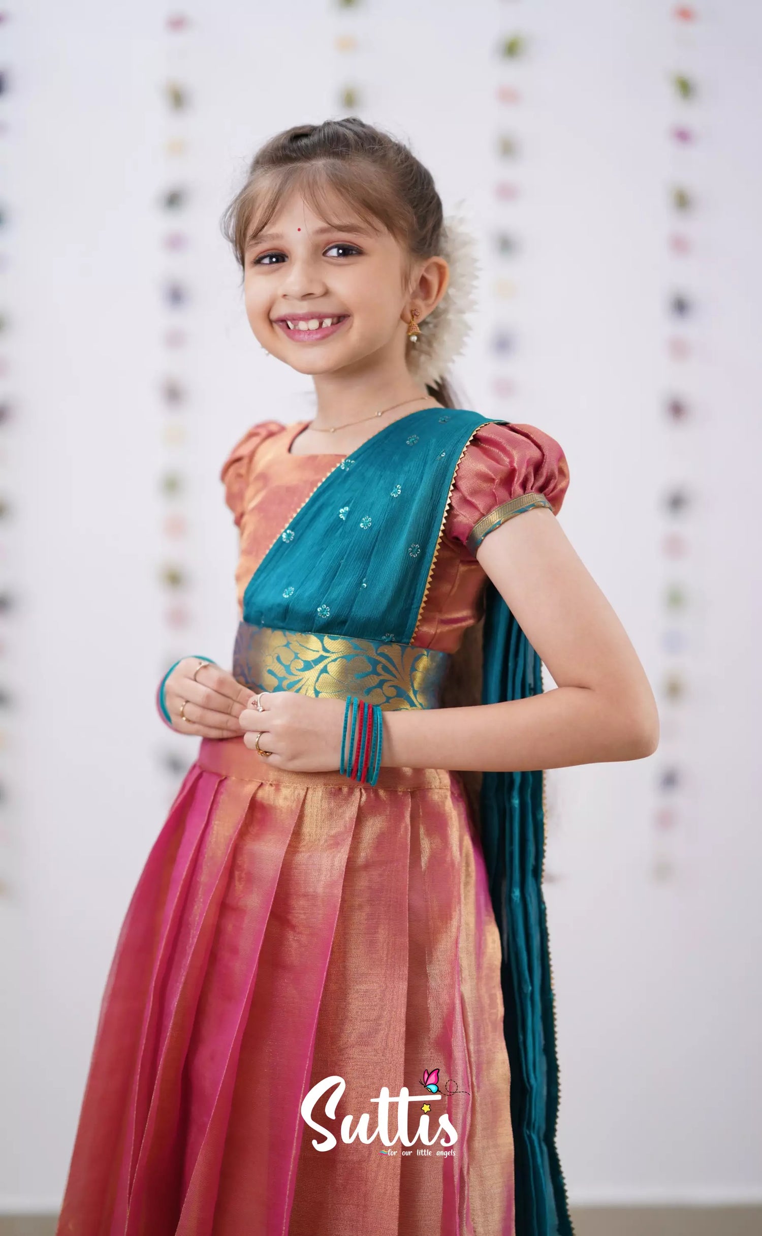 Kumaari Peachish Pink Shade And Teal Blue Tone Organza Half Saree Kids-Suttis