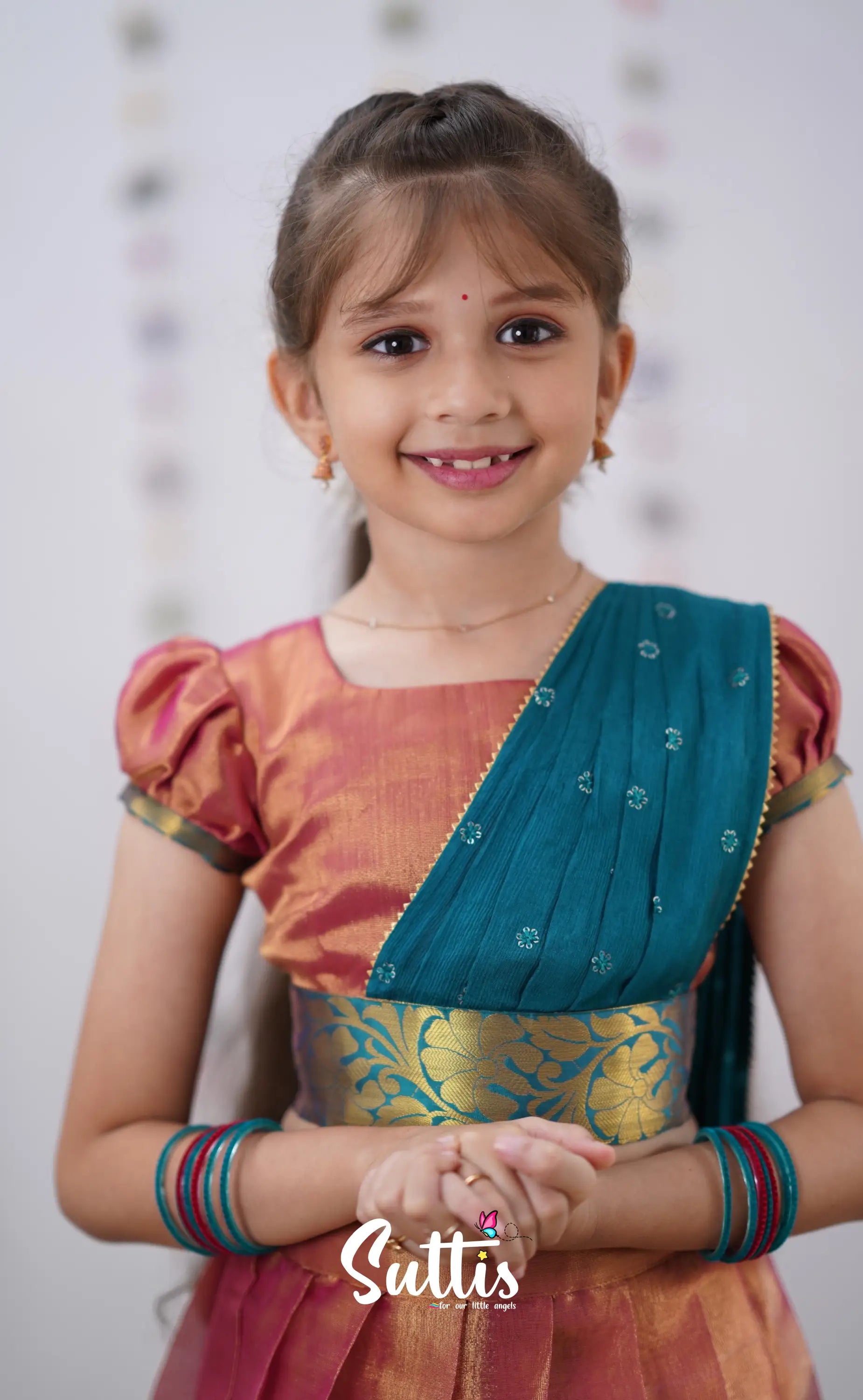 Kumaari Peachish Pink Shade And Teal Blue Tone Organza Half Saree Kids-Suttis