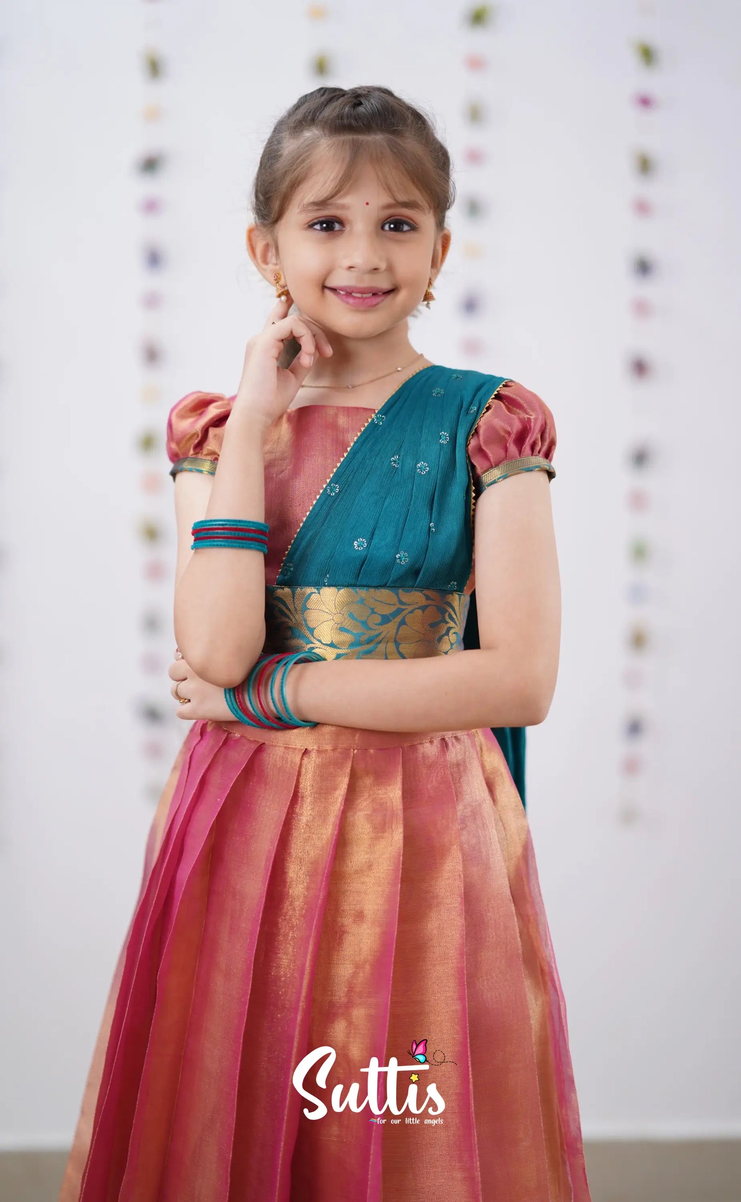 Kumaari Peachish Pink Shade And Teal Blue Tone Organza Half Saree Kids-Suttis