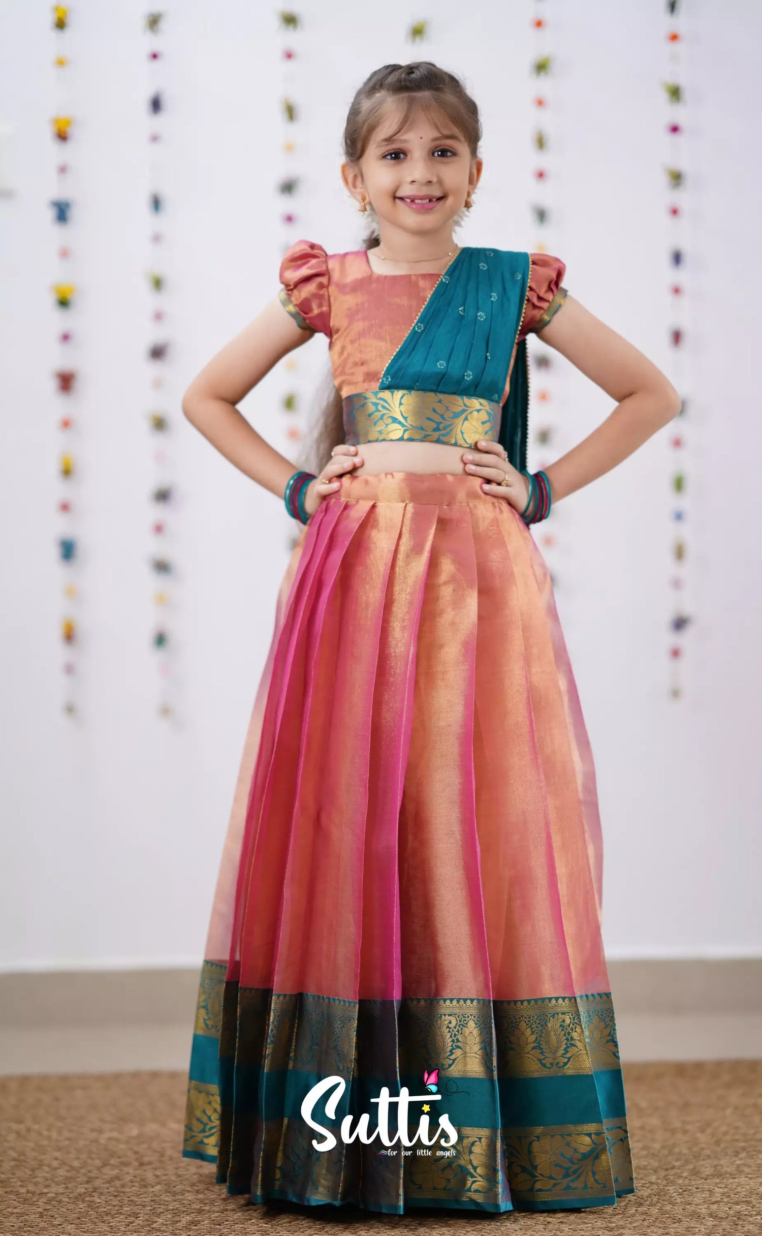 Kumaari Peachish Pink Shade And Teal Blue Tone Organza Half Saree Kids-Suttis