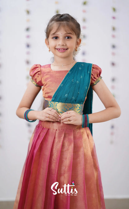 Kumaari Peachish Pink Shade And Teal Blue Tone Organza Half Saree Kids-Suttis