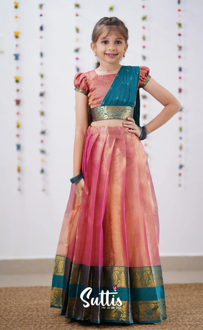 Kumaari Peachish Pink Shade And Teal Blue Tone Organza Half Saree Kids-Suttis