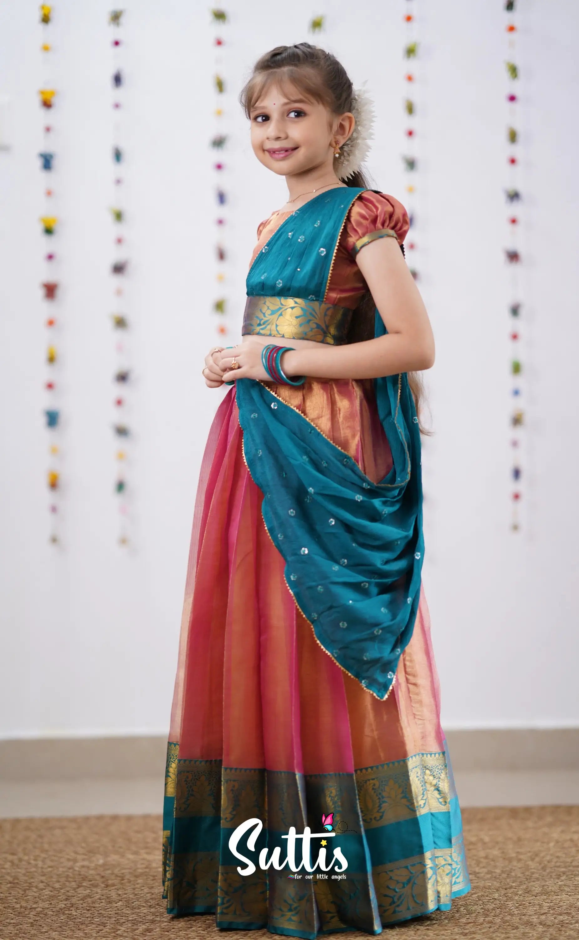 Kumaari Peachish Pink Shade And Teal Blue Tone Organza Half Saree Kids-Suttis