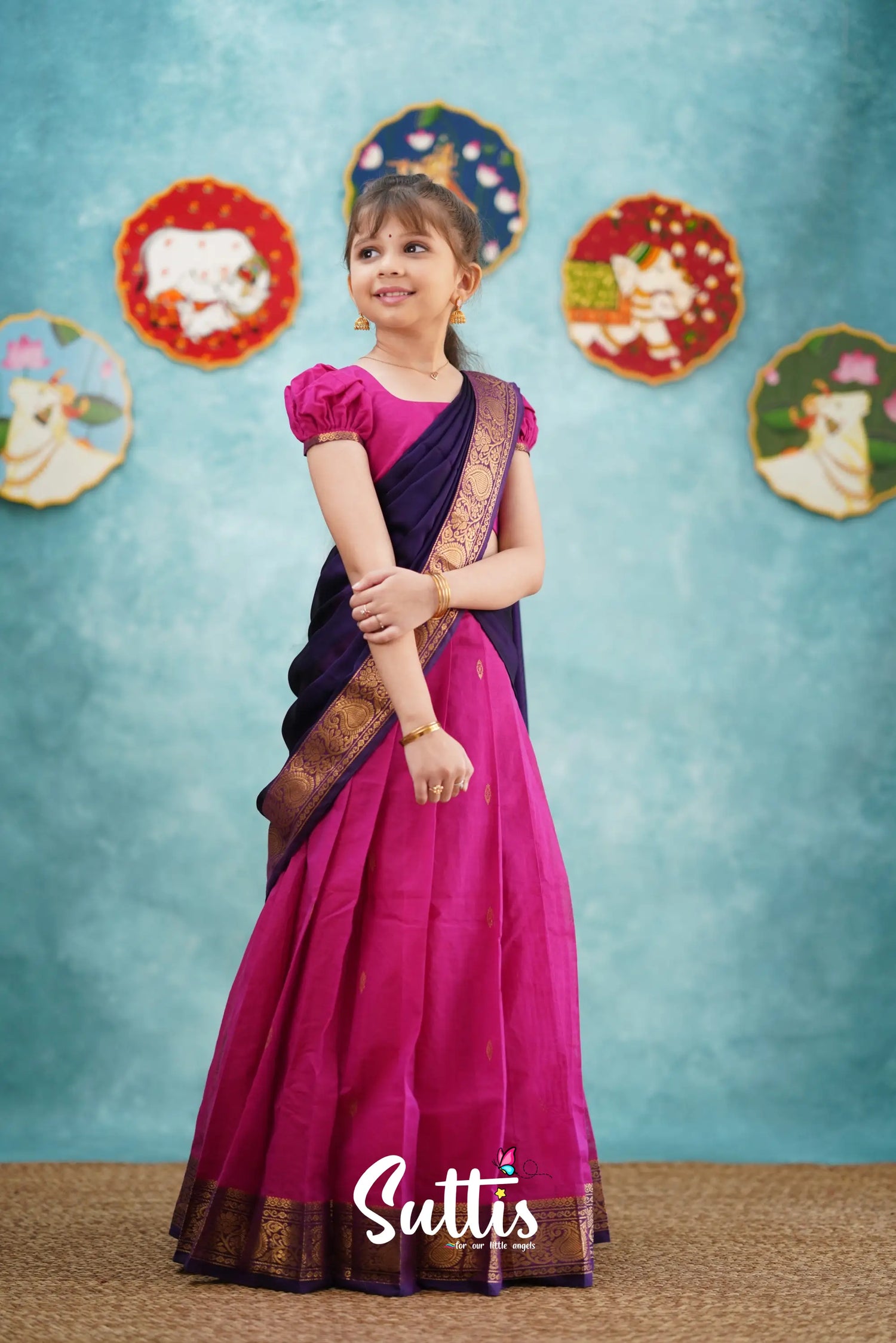 Kumaari - Pink And Dark Purple Cotton Halfsaree Kids-Suttis