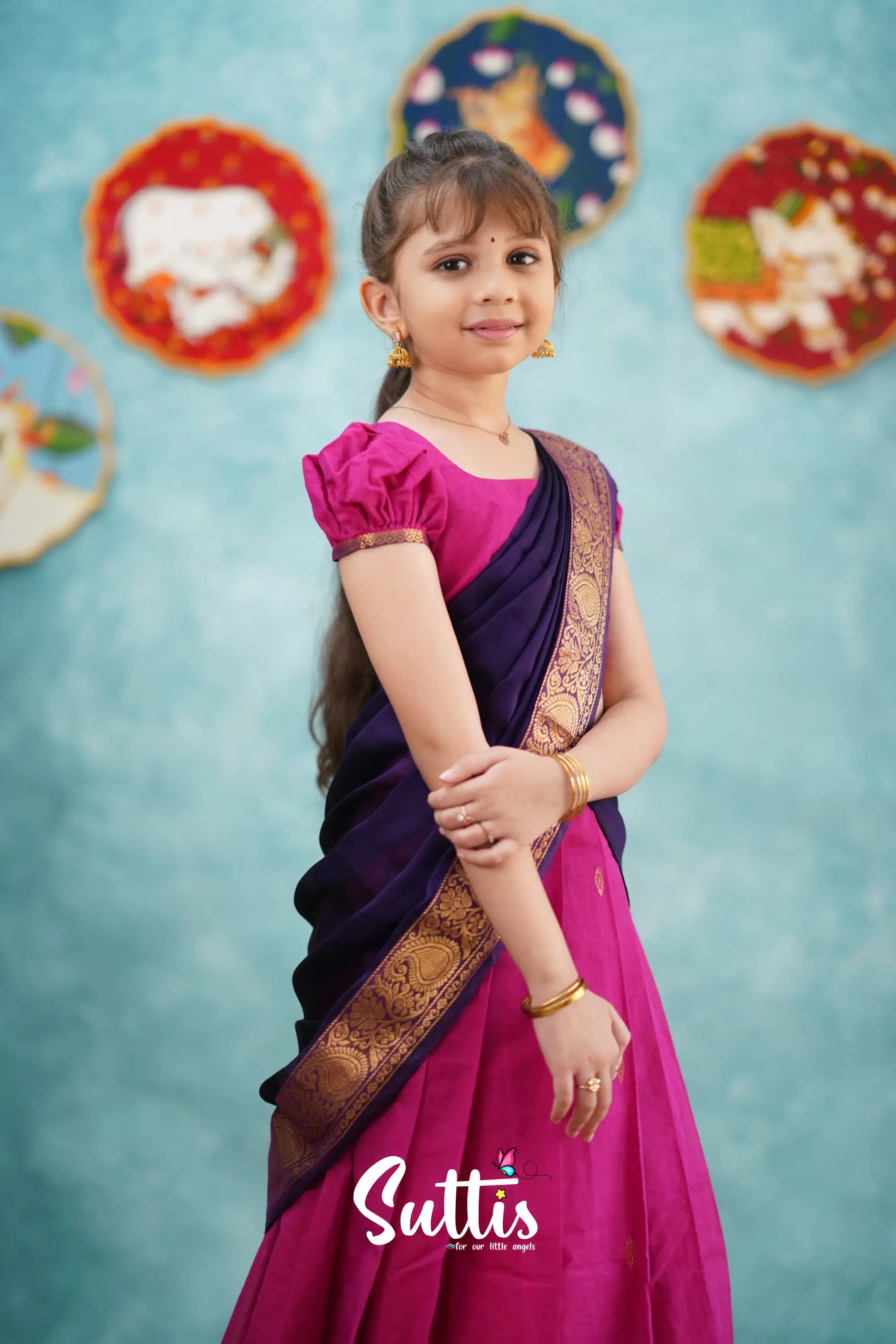 Kumaari - Pink And Dark Purple Cotton Halfsaree Kids-Suttis