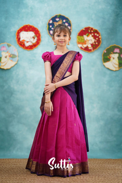 Kumaari - Pink And Dark Purple Cotton Halfsaree Kids-Suttis