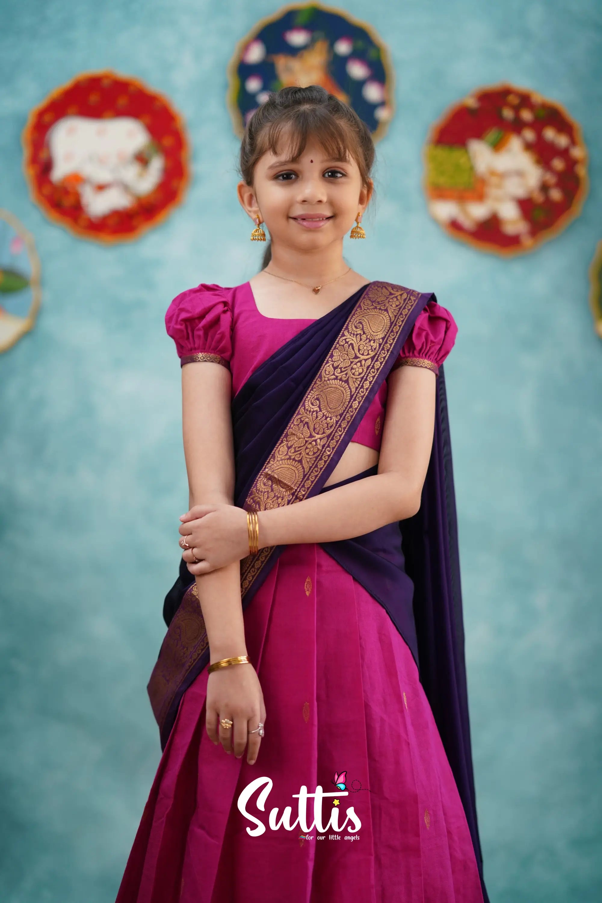Kumaari - Pink And Dark Purple Cotton Halfsaree Kids-Suttis