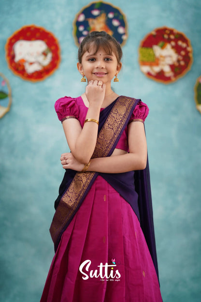 Kumaari - Pink And Dark Purple Cotton Halfsaree Kids-Suttis