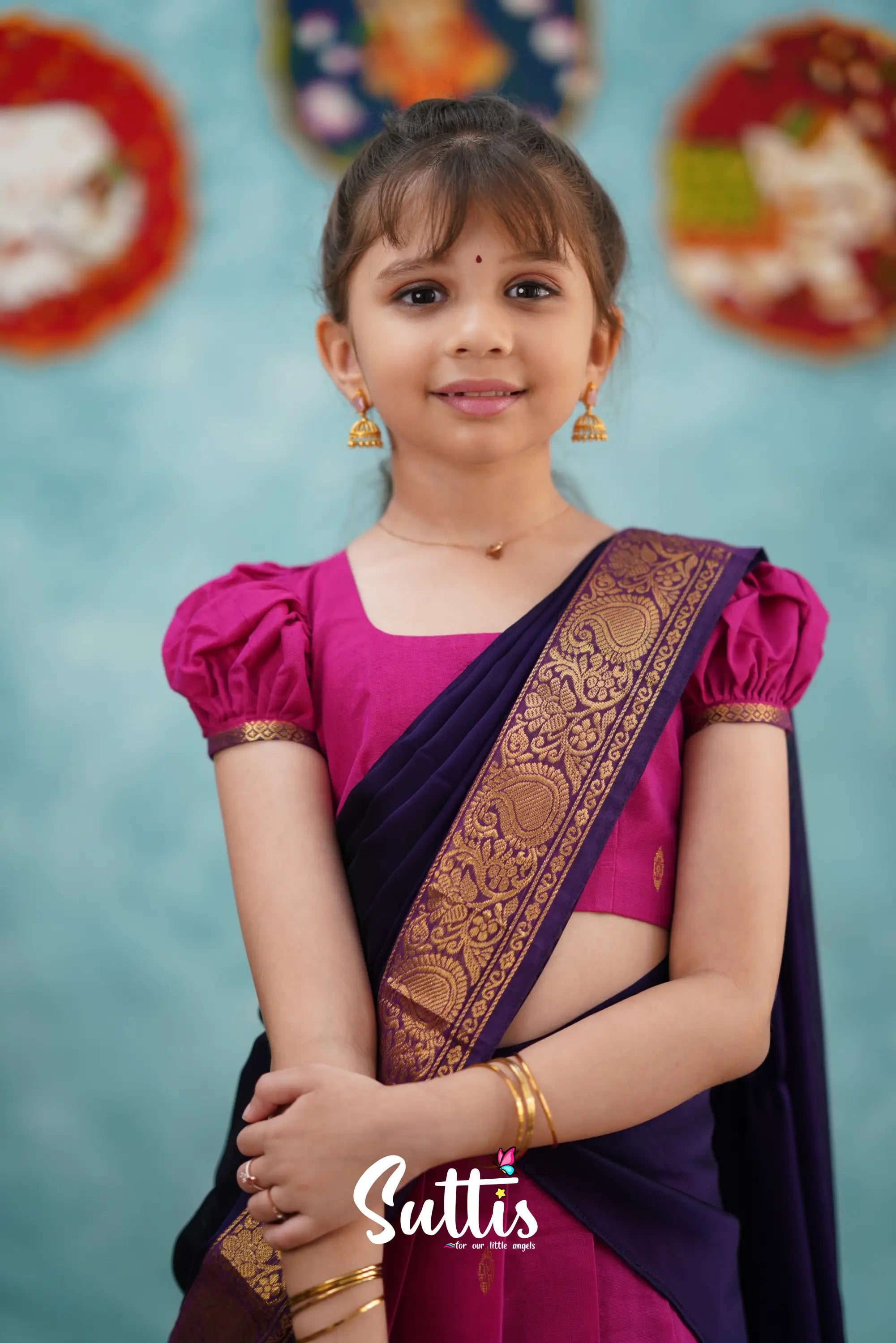 Kumaari - Pink And Dark Purple Cotton Halfsaree Kids-Suttis