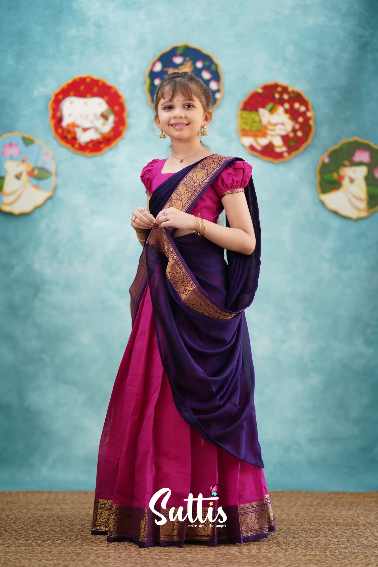 Kumaari - Pink And Dark Purple Cotton Halfsaree Kids-Suttis