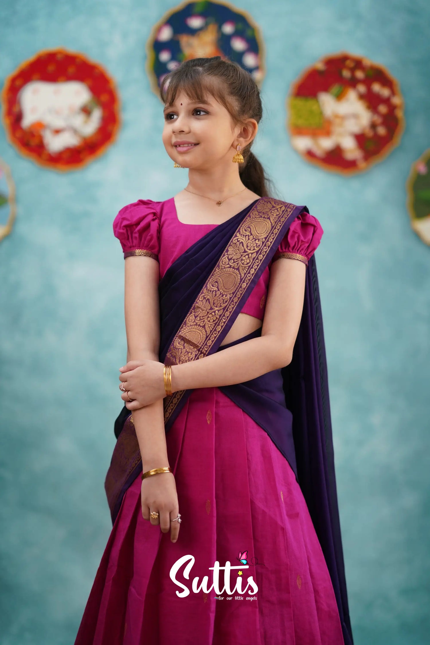 Kumaari - Pink And Dark Purple Cotton Halfsaree Kids-Suttis