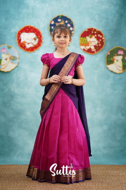 Kumaari - Pink And Dark Purple Cotton Halfsaree Kids-Suttis