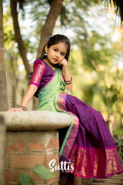 Kumaari - Purple And Light Green Handloom Cotton Halfsaree Kids-Suttis