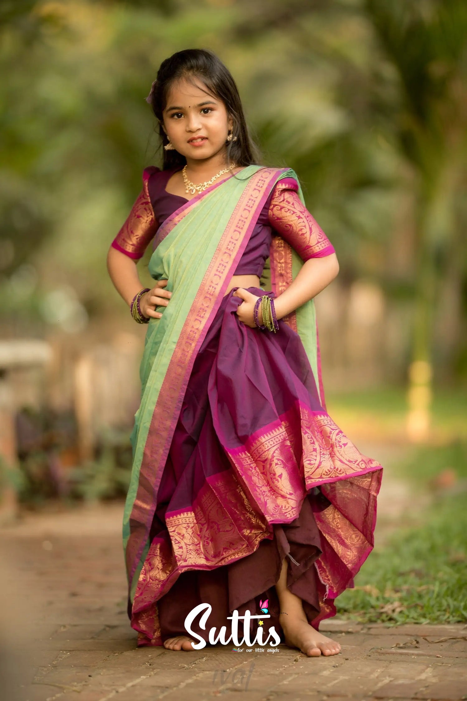 Kumaari - Purple And Light Green Handloom Cotton Halfsaree Kids-Suttis