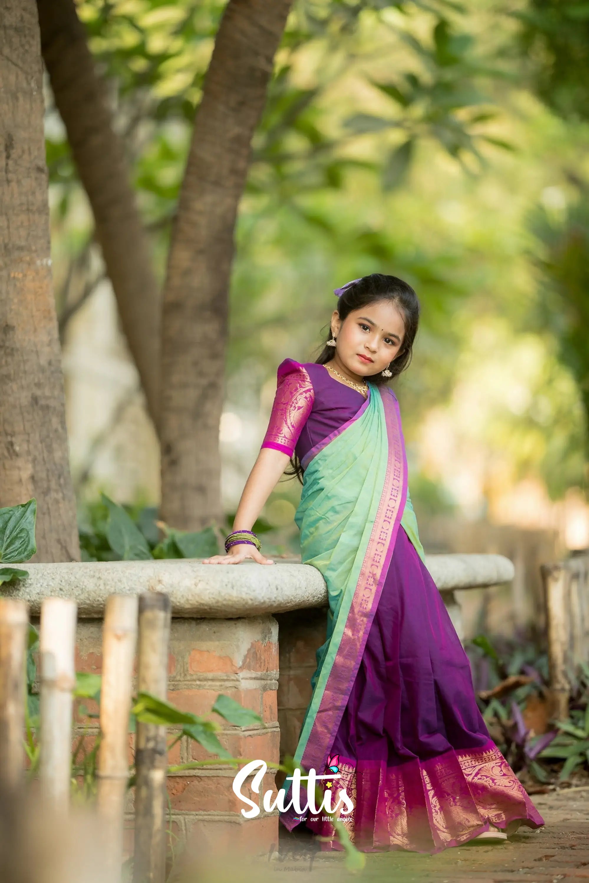 Kumaari - Purple And Light Green Handloom Cotton Halfsaree Kids-Suttis