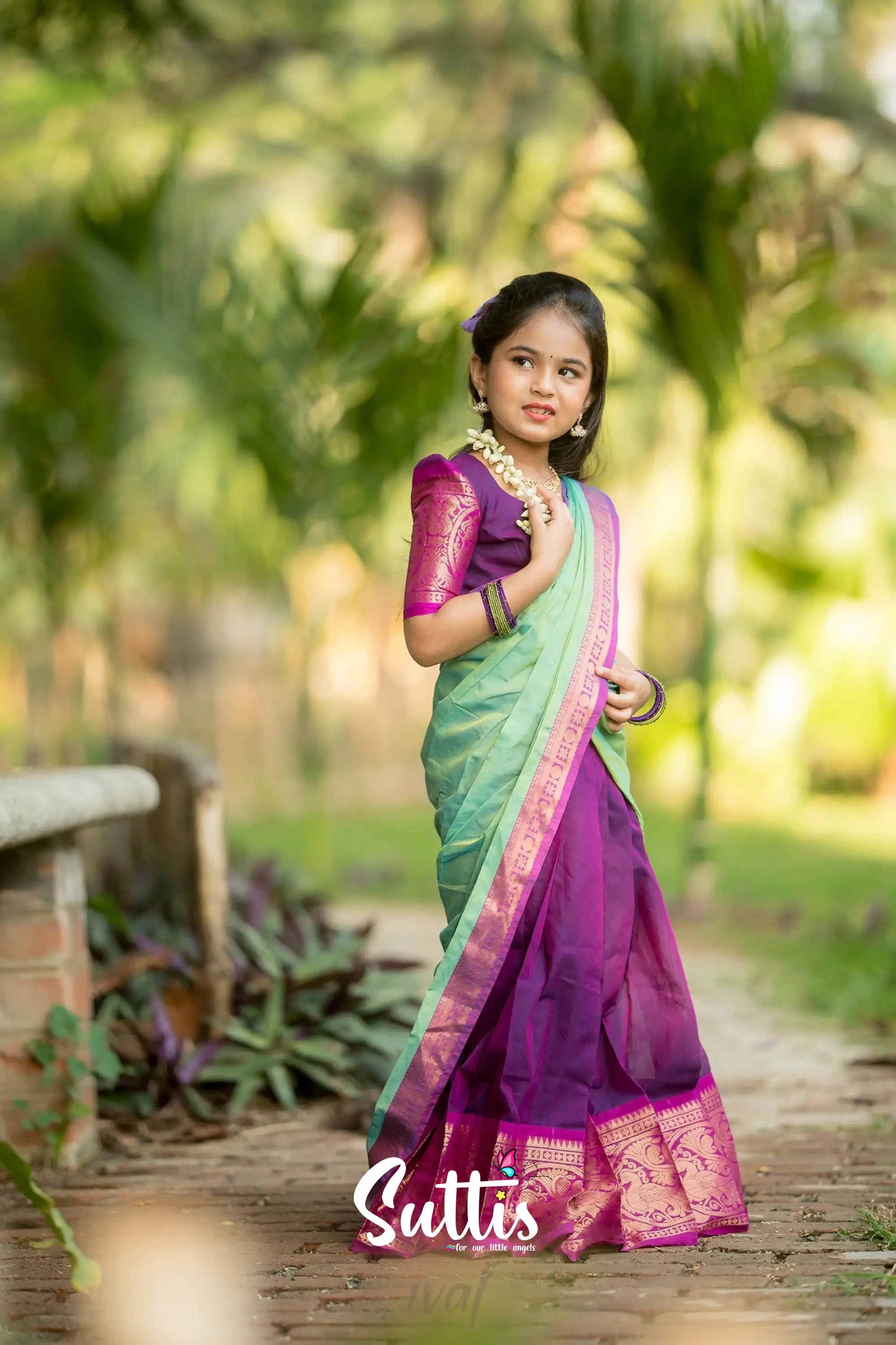 Kumaari - Purple And Light Green Handloom Cotton Halfsaree Kids-Suttis