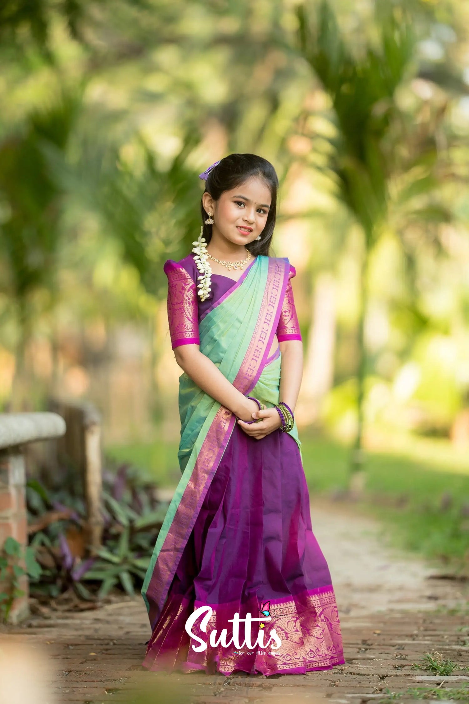 Kumaari - Purple And Light Green Handloom Cotton Halfsaree Kids-Suttis