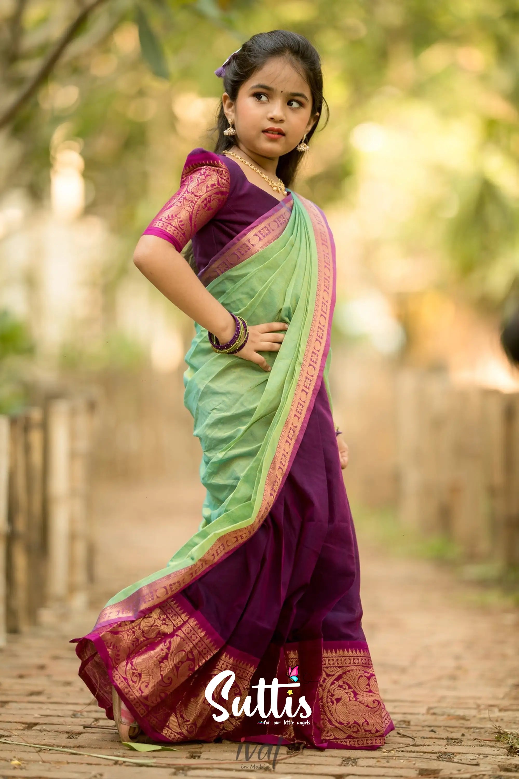 Kumaari - Purple And Light Green Handloom Cotton Halfsaree Kids-Suttis