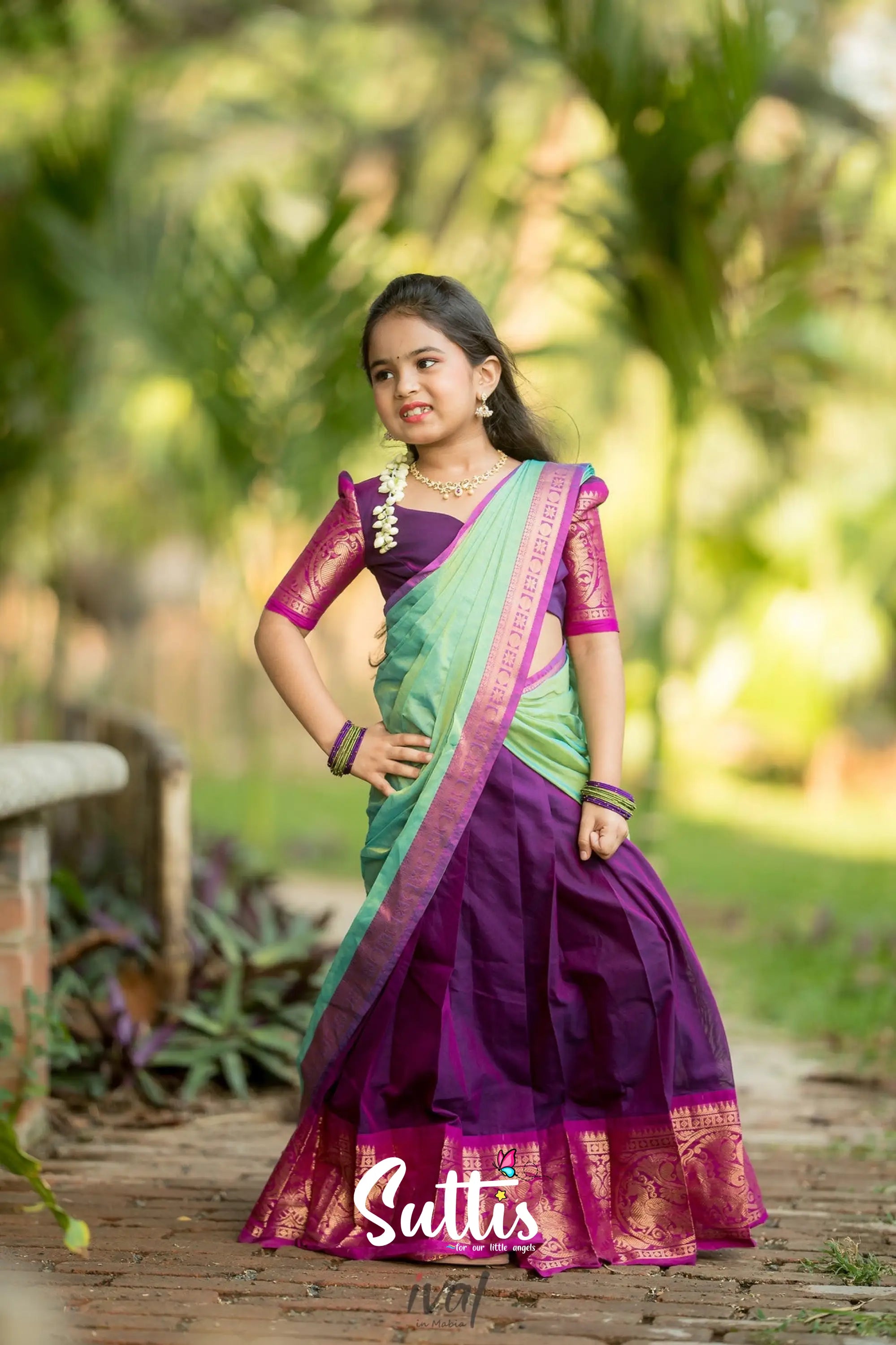 Kumaari - Purple And Light Green Handloom Cotton Halfsaree Kids-Suttis