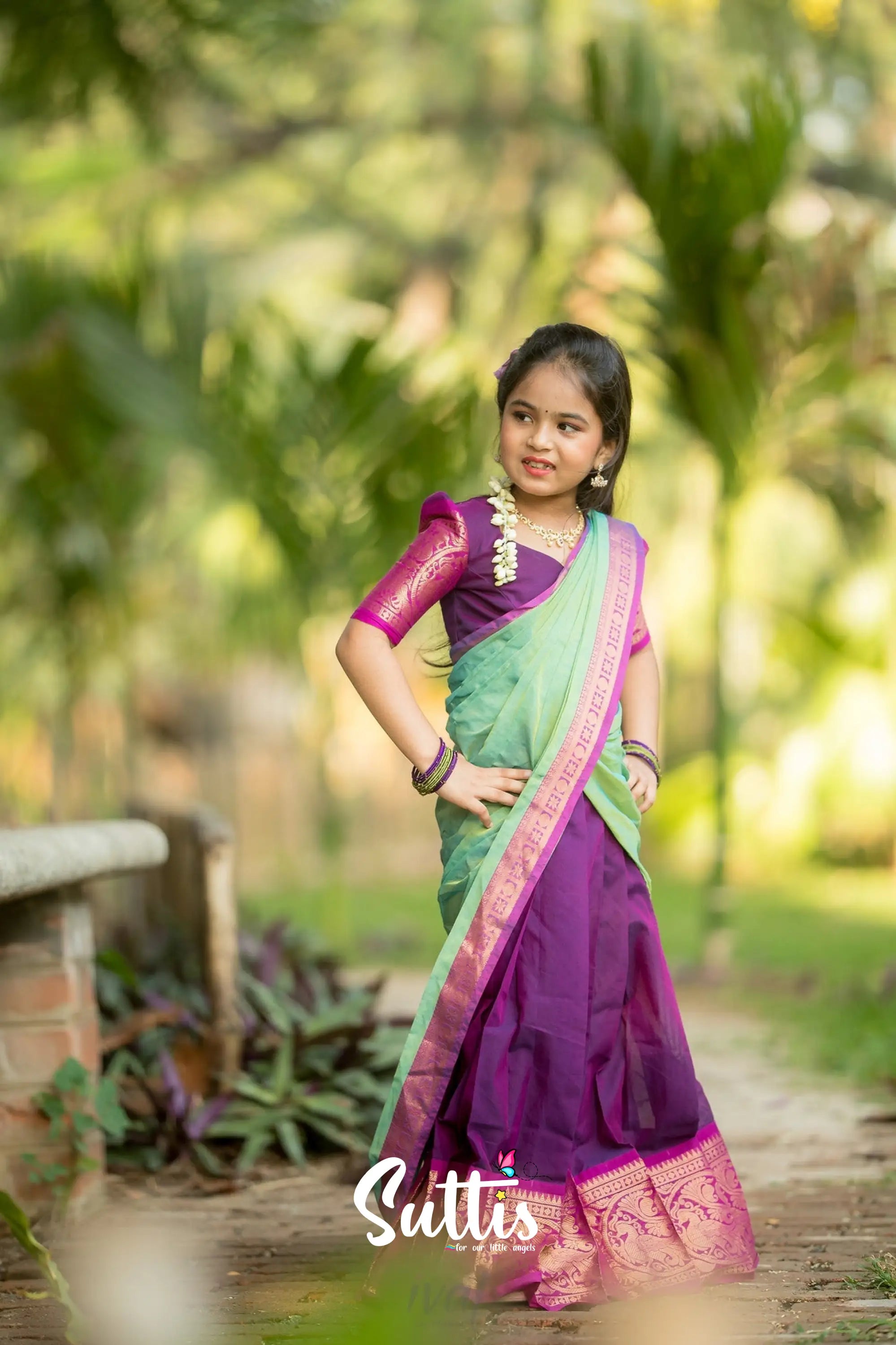 Kumaari - Purple And Light Green Handloom Cotton Halfsaree Kids-Suttis