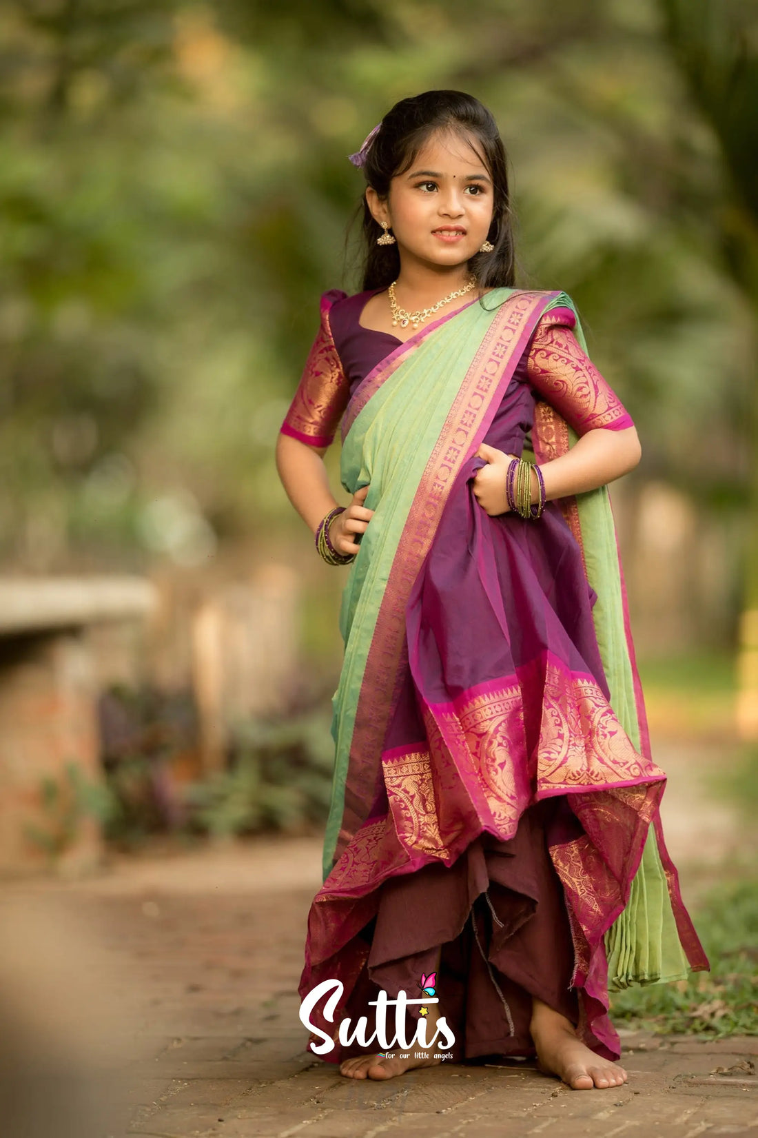 Kumaari - Purple And Light Green Handloom Cotton Halfsaree Kids-Suttis