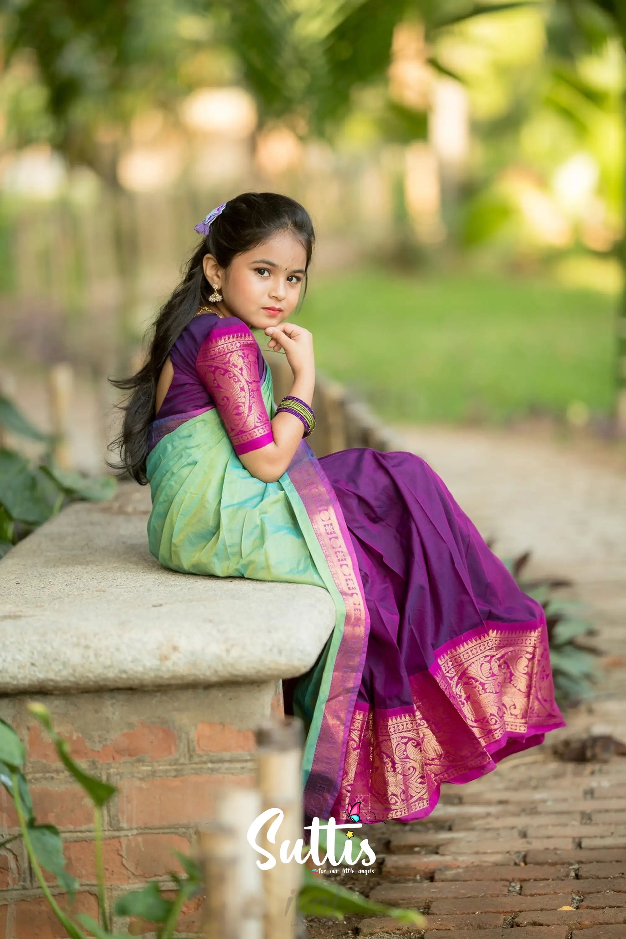 Kumaari - Purple And Light Green Handloom Cotton Halfsaree Kids-Suttis