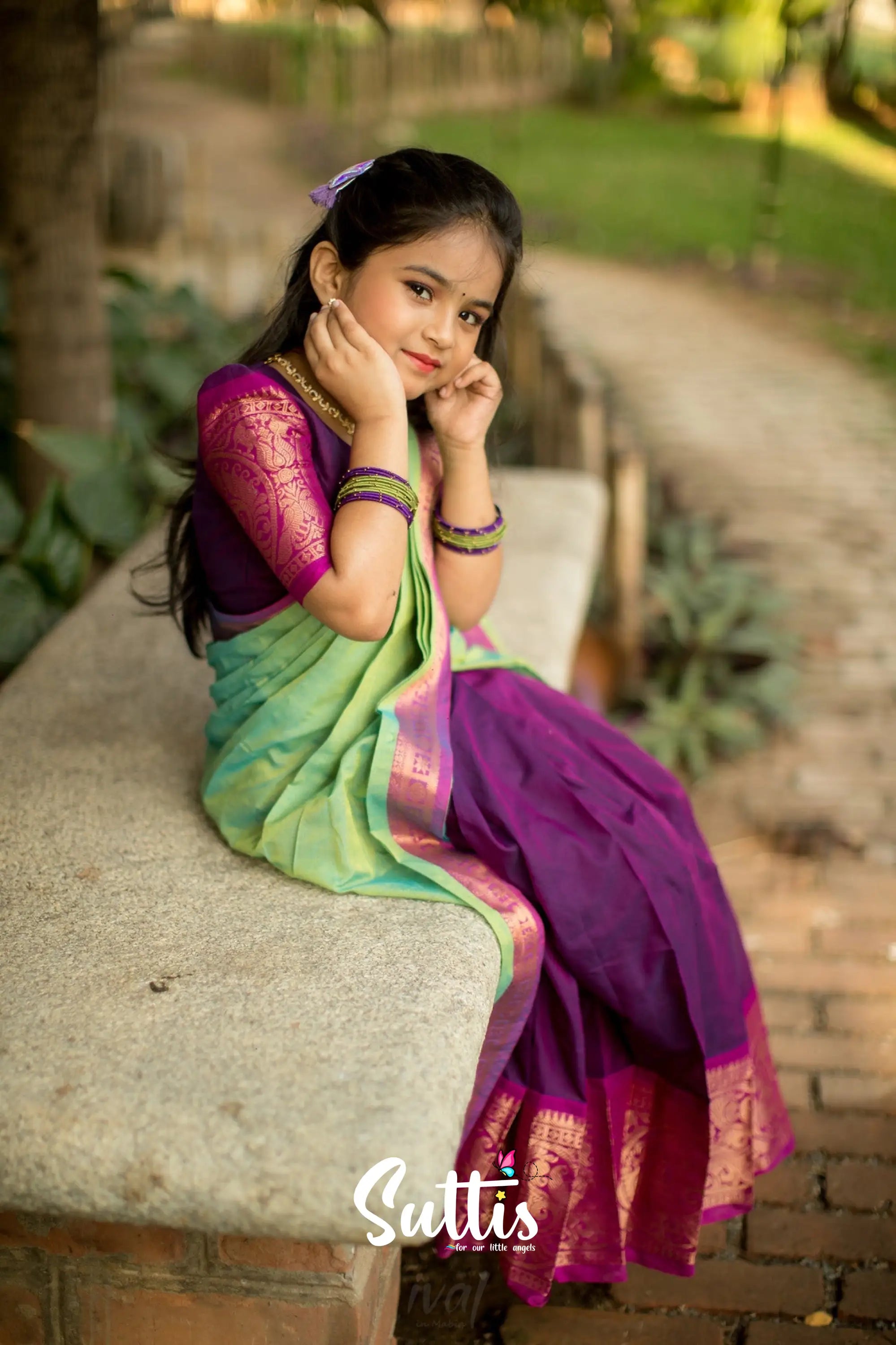 Kumaari - Purple And Light Green Handloom Cotton Halfsaree Kids-Suttis