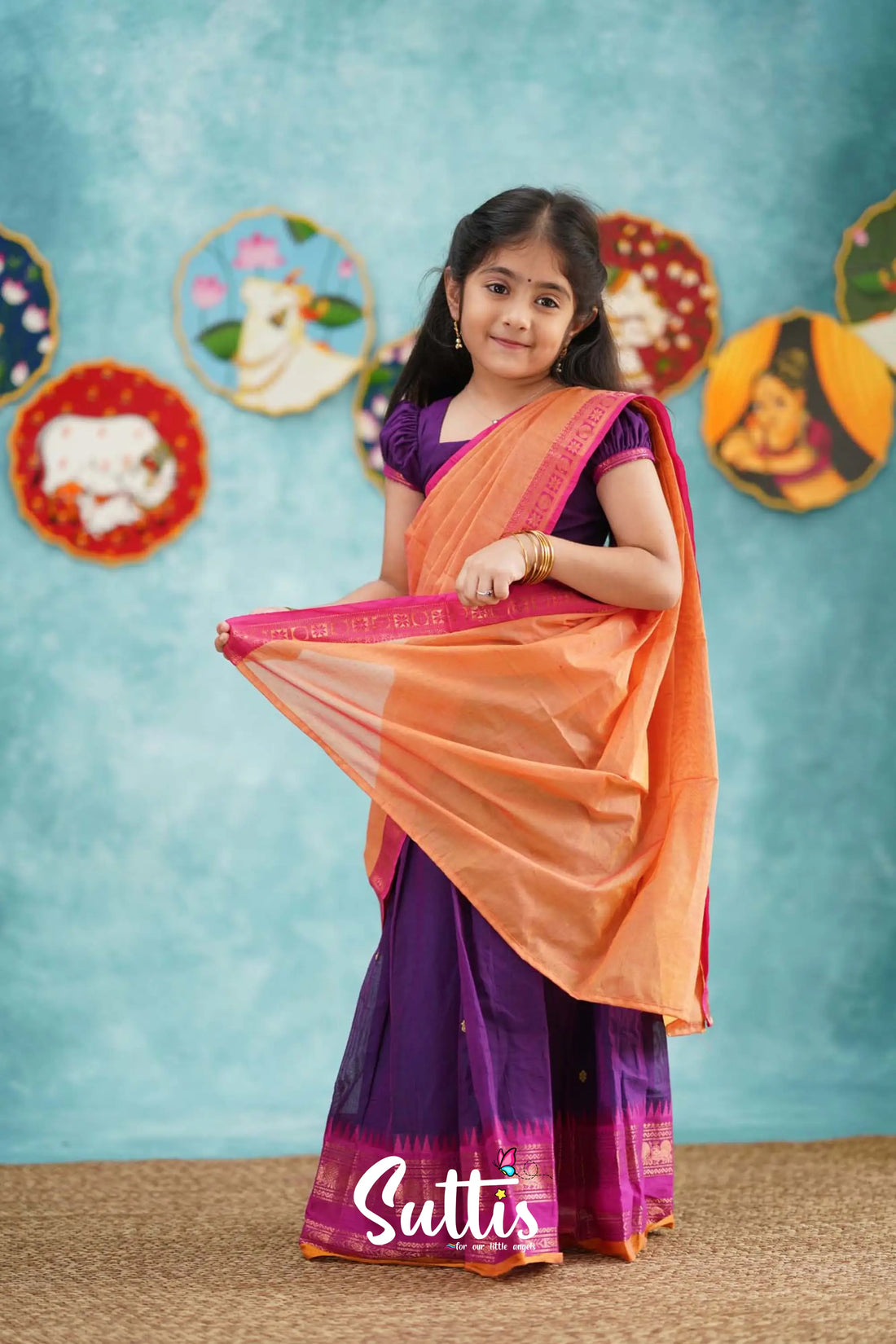 Kumaari - Purple And Pink Cotton Halfsaree Kids-Suttis