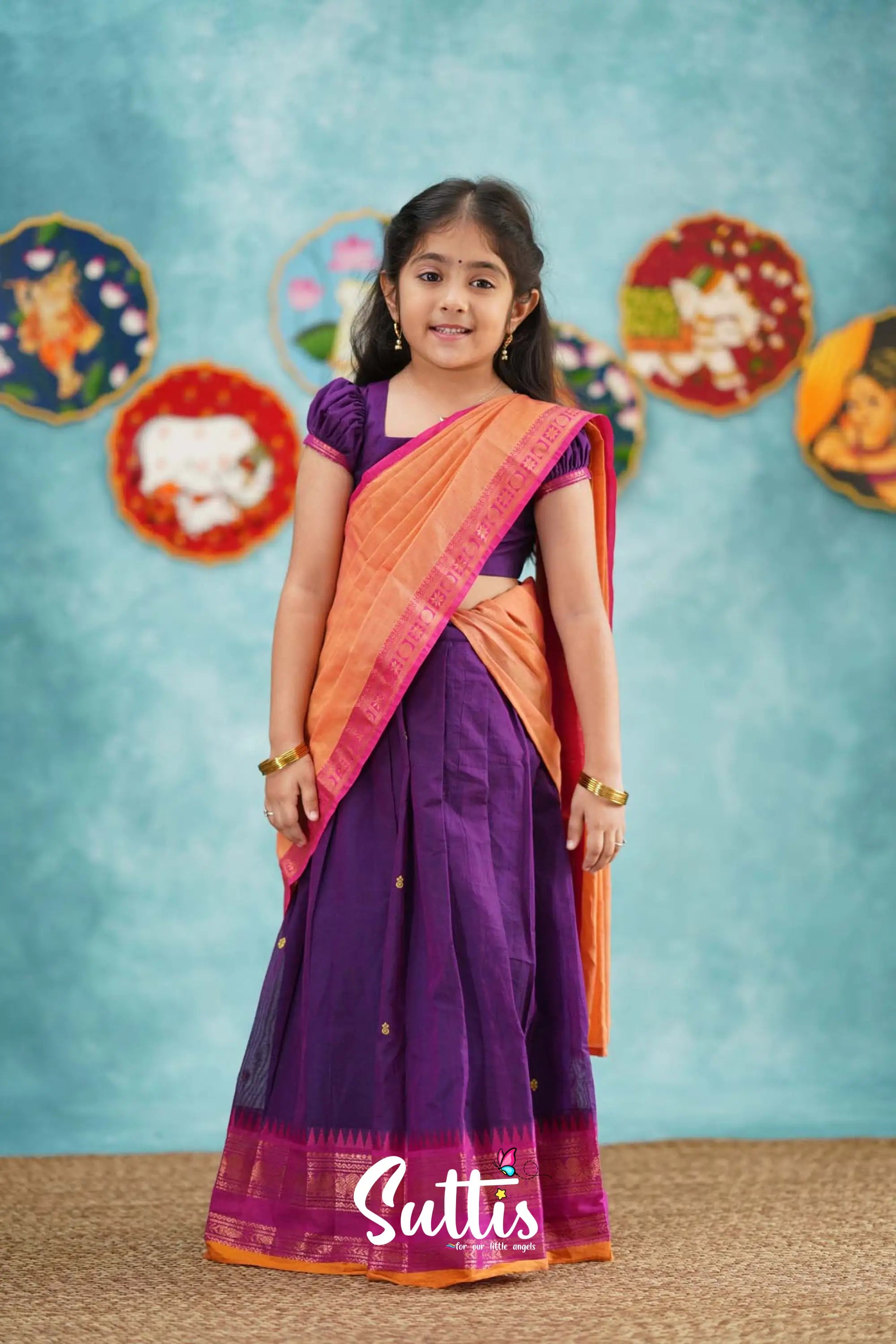 Kumaari - Purple And Pink Cotton Halfsaree Kids-Suttis
