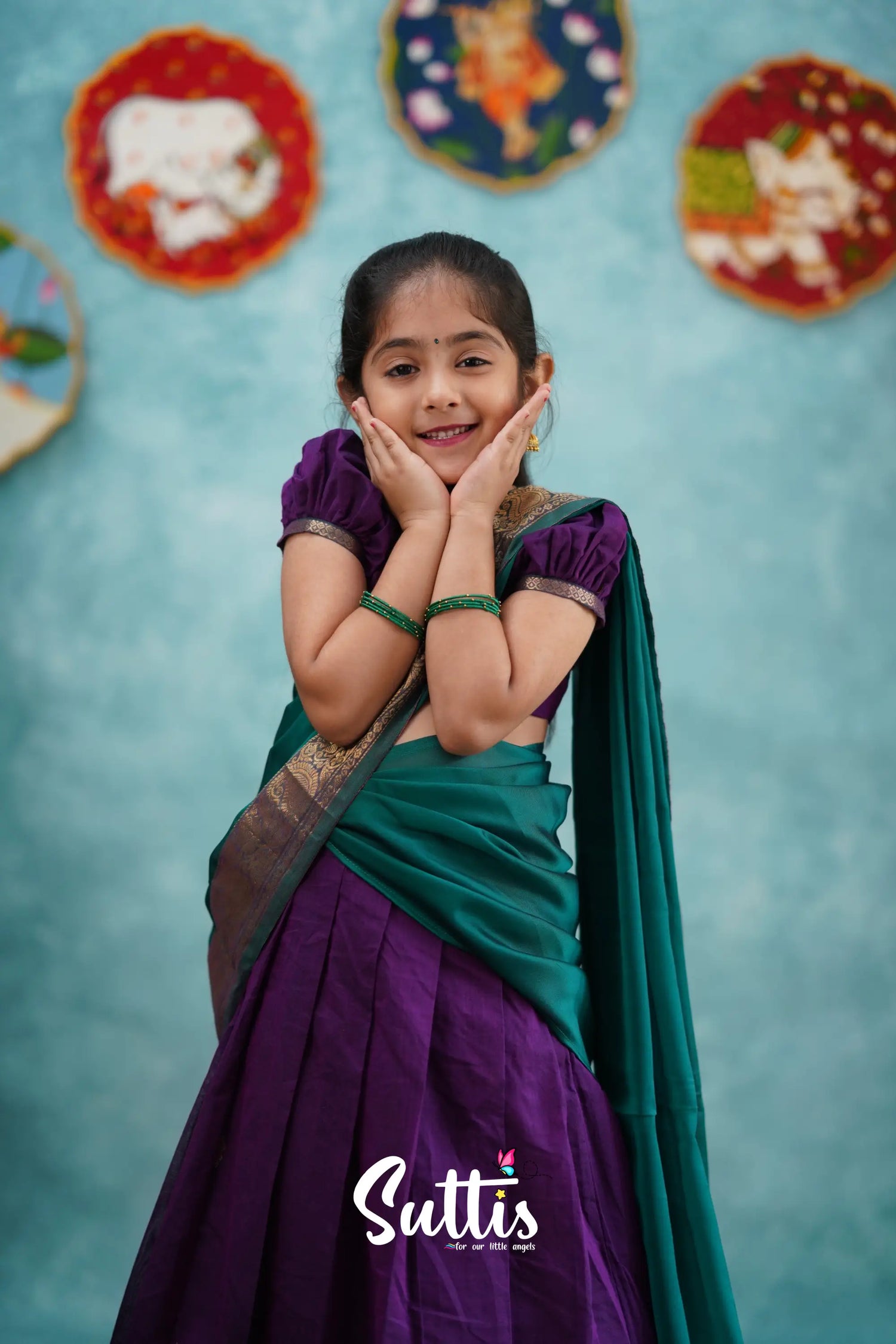 Kumaari - Purple And Teal Green Cotton Halfsaree Kids-Suttis