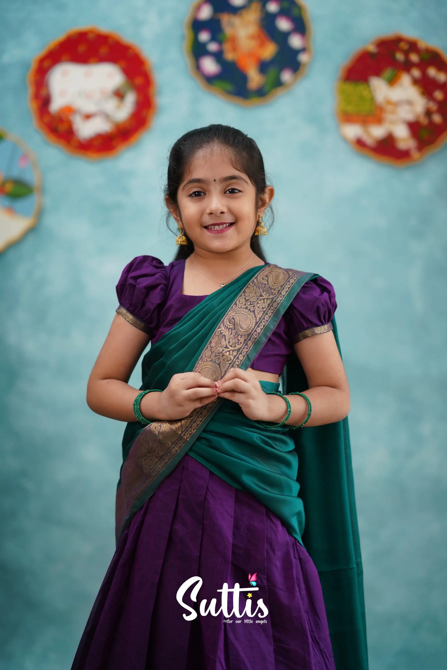 Kumaari - Purple And Teal Green Cotton Halfsaree Kids-Suttis