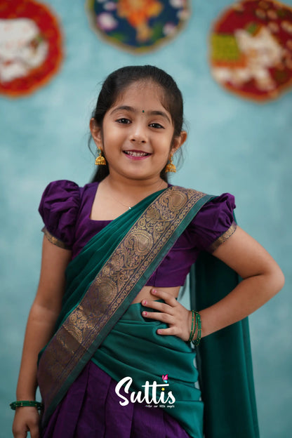 Kumaari - Purple And Teal Green Cotton Halfsaree Kids-Suttis