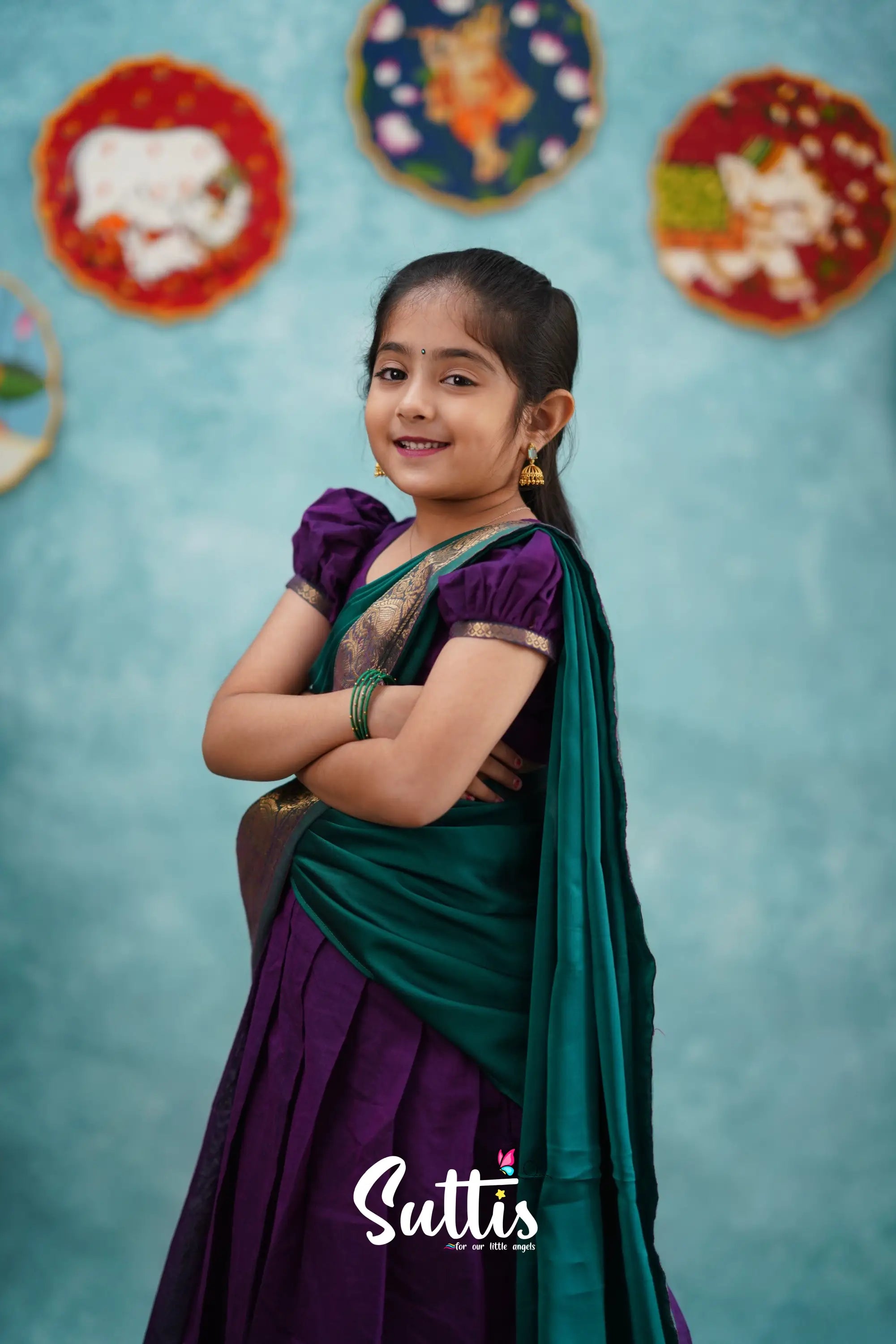 Kumaari - Purple And Teal Green Cotton Halfsaree Kids-Suttis