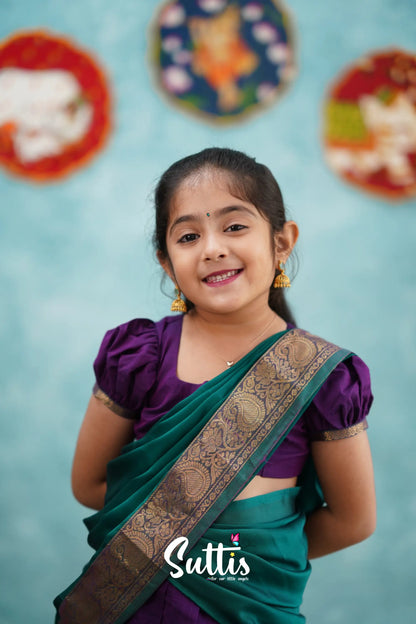 Kumaari - Purple And Teal Green Cotton Halfsaree Kids-Suttis