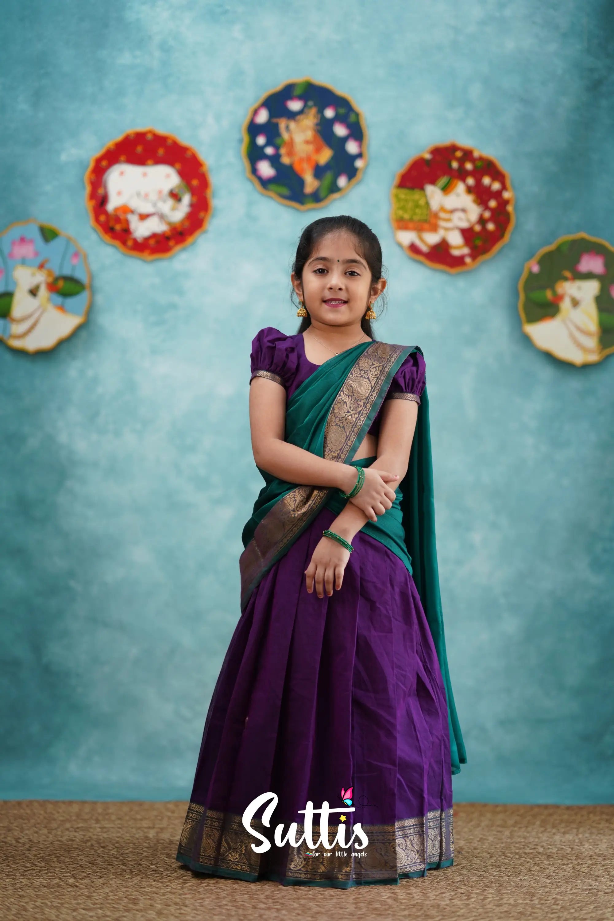 Kumaari - Purple And Teal Green Cotton Halfsaree Kids-Suttis