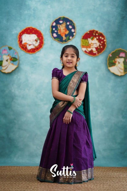 Kumaari - Purple And Teal Green Cotton Halfsaree Kids-Suttis