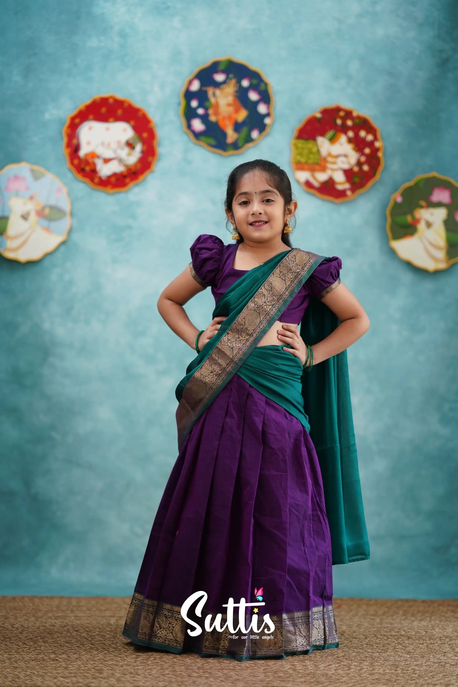 Kumaari - Purple And Teal Green Cotton Halfsaree Kids-Suttis