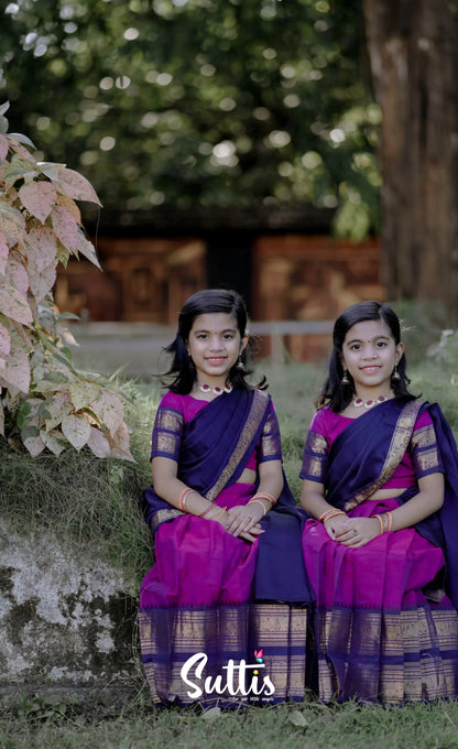 Kumaari - Purplish Magenta And Navy Blue Cotton Half-Saree Kids-Suttis