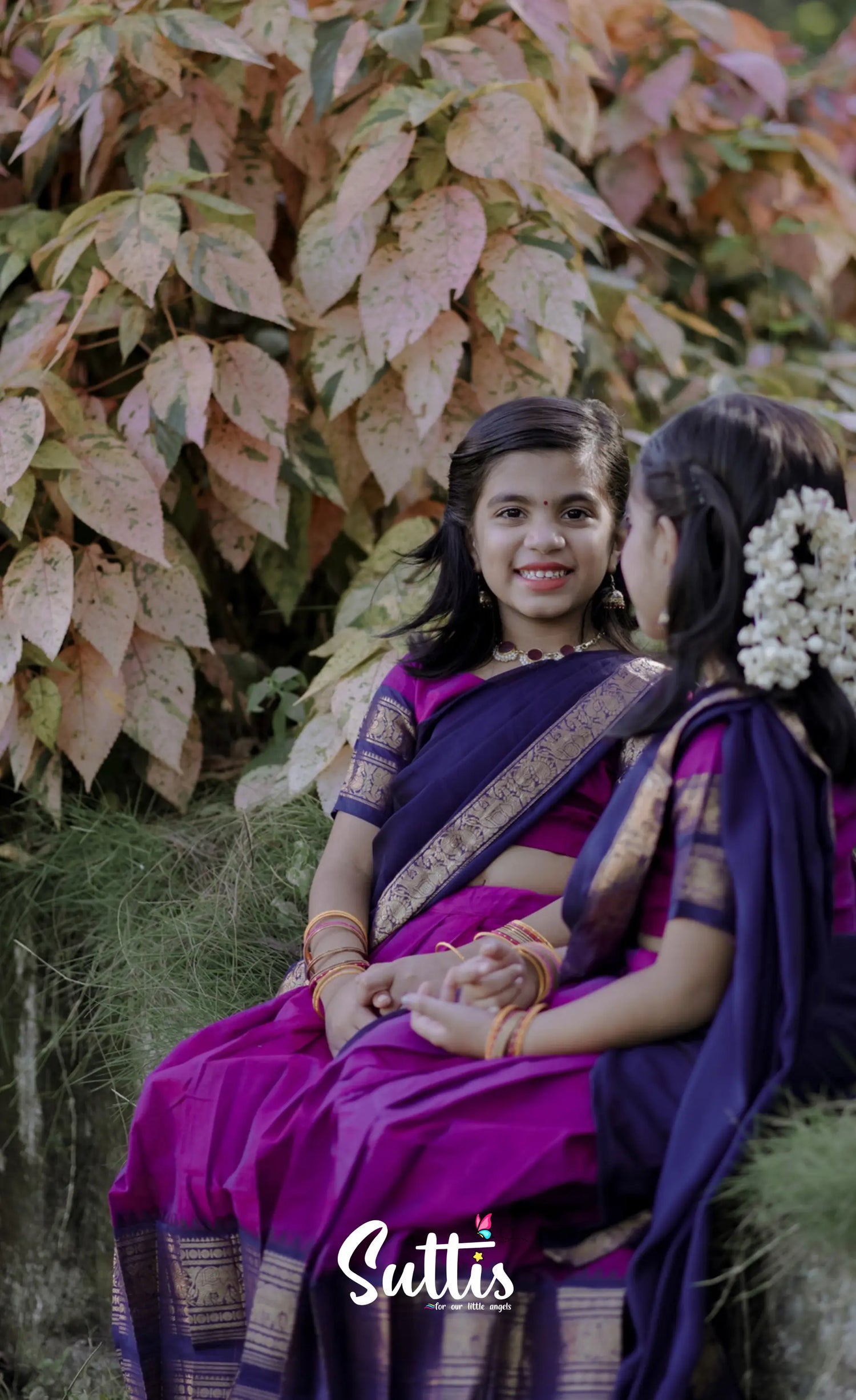 Kumaari - Purplish Magenta And Navy Blue Cotton Half-Saree Kids-Suttis