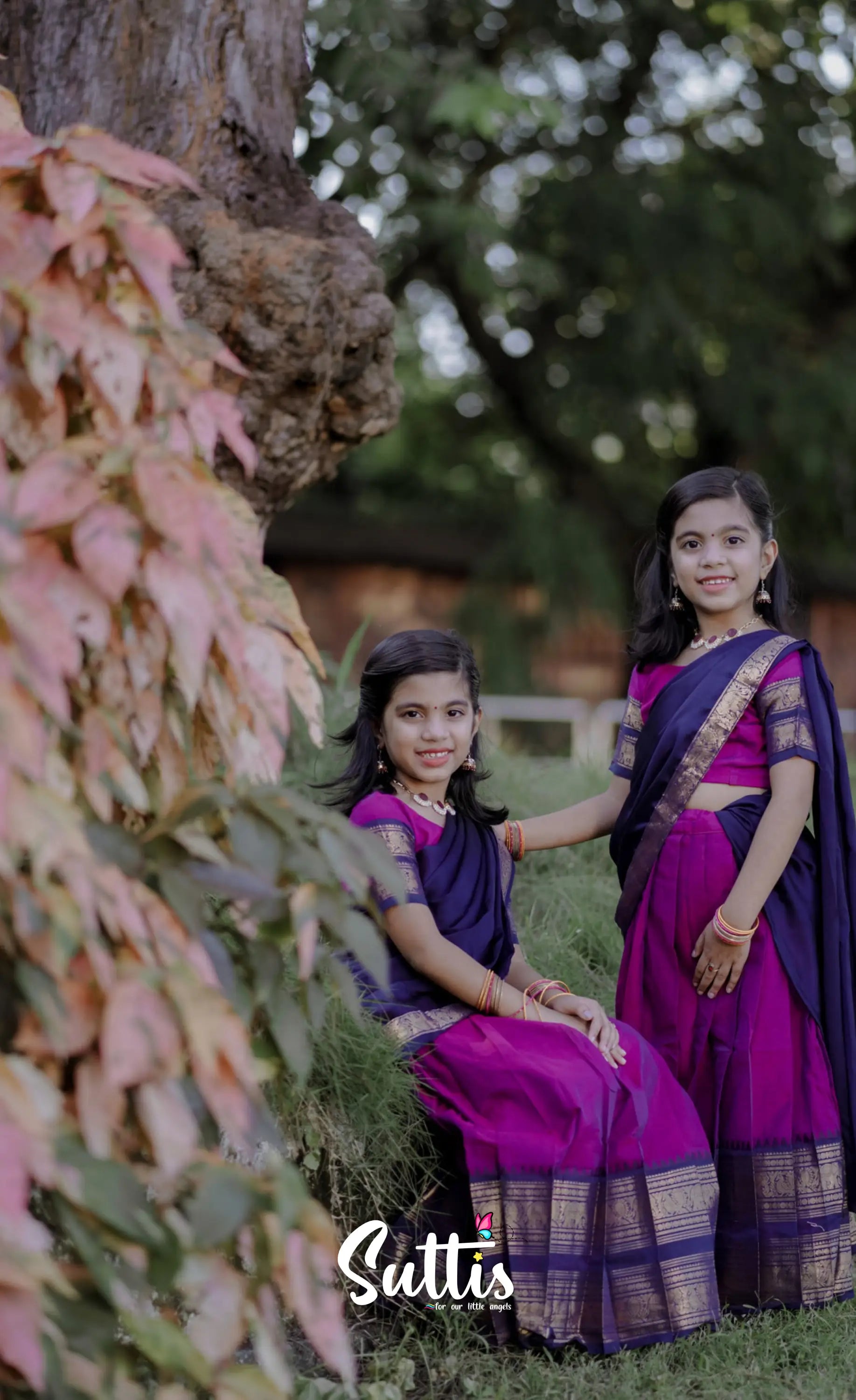 Kumaari - Purplish Magenta And Navy Blue Cotton Half-Saree Kids-Suttis