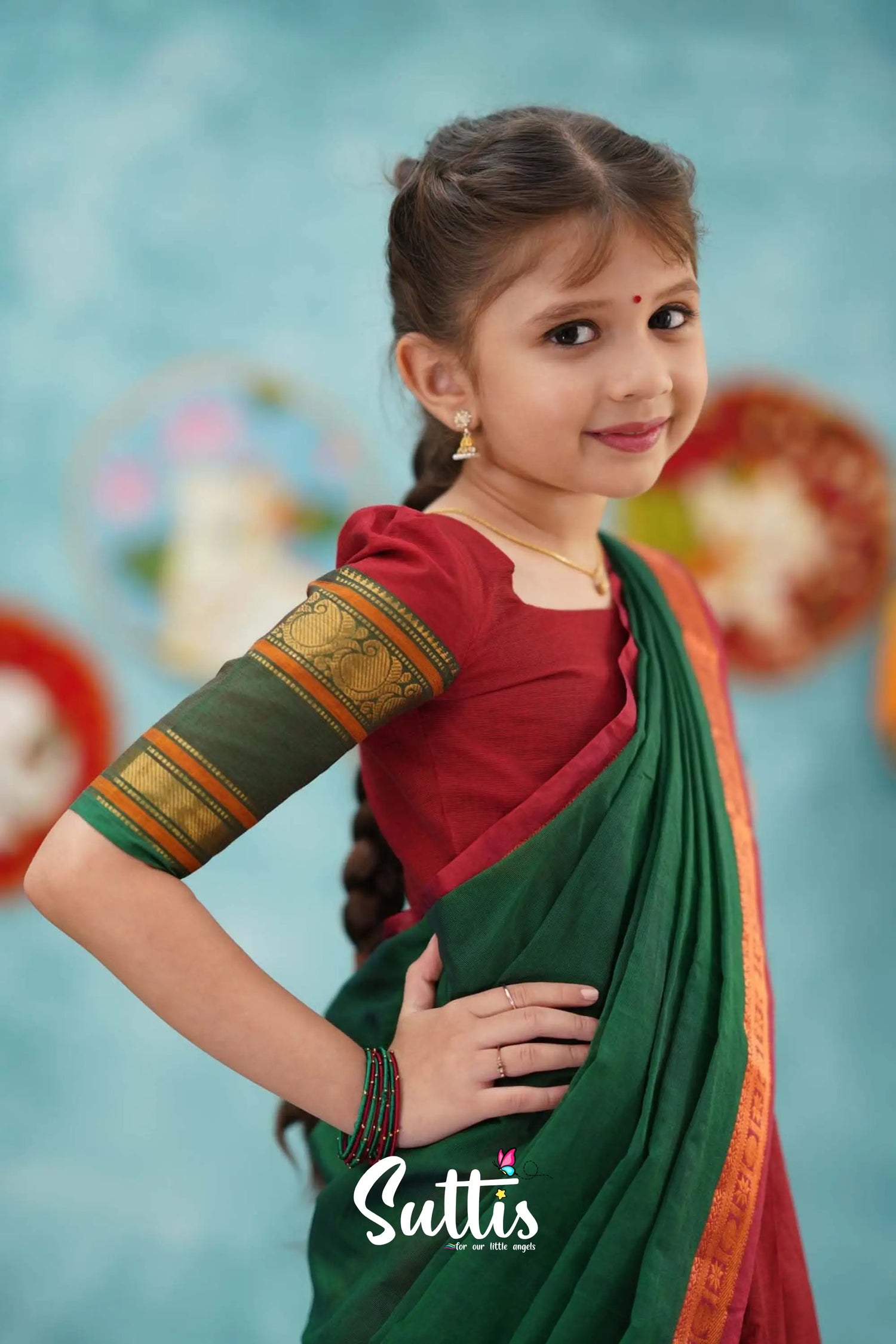 Kumaari - Red And Dark Green Cotton Halfsaree Kids-Suttis