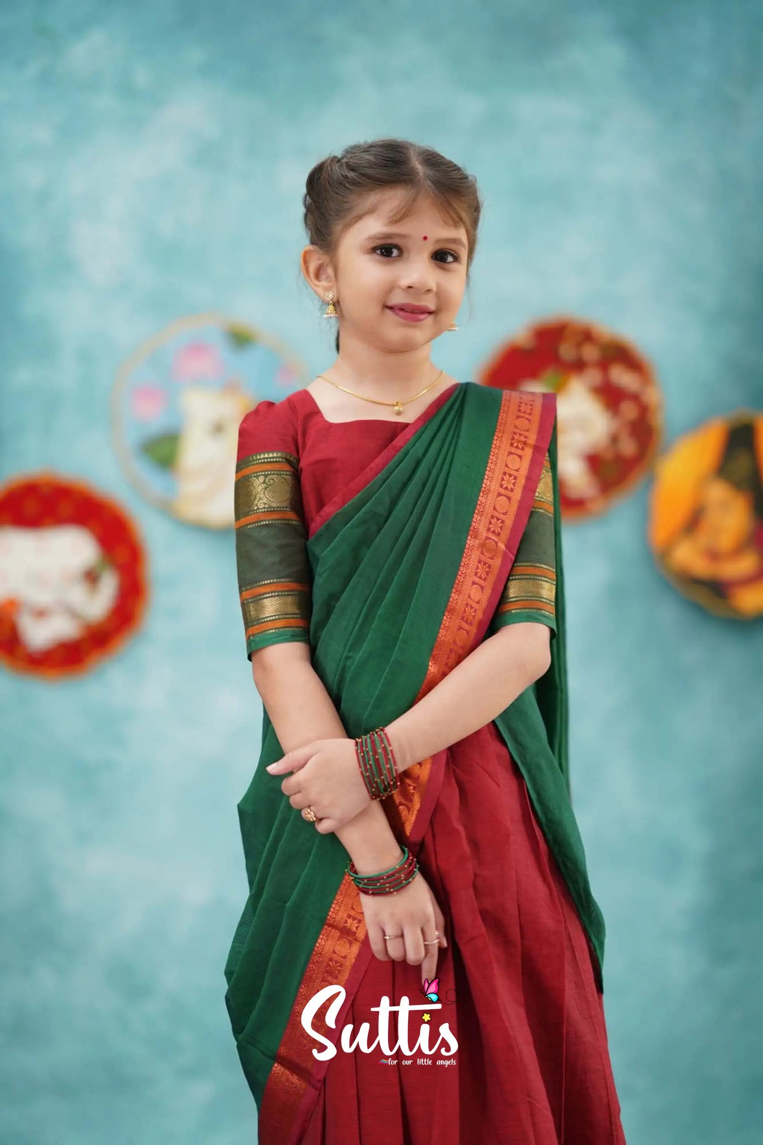 Kumaari - Red And Dark Green Cotton Halfsaree Kids-Suttis