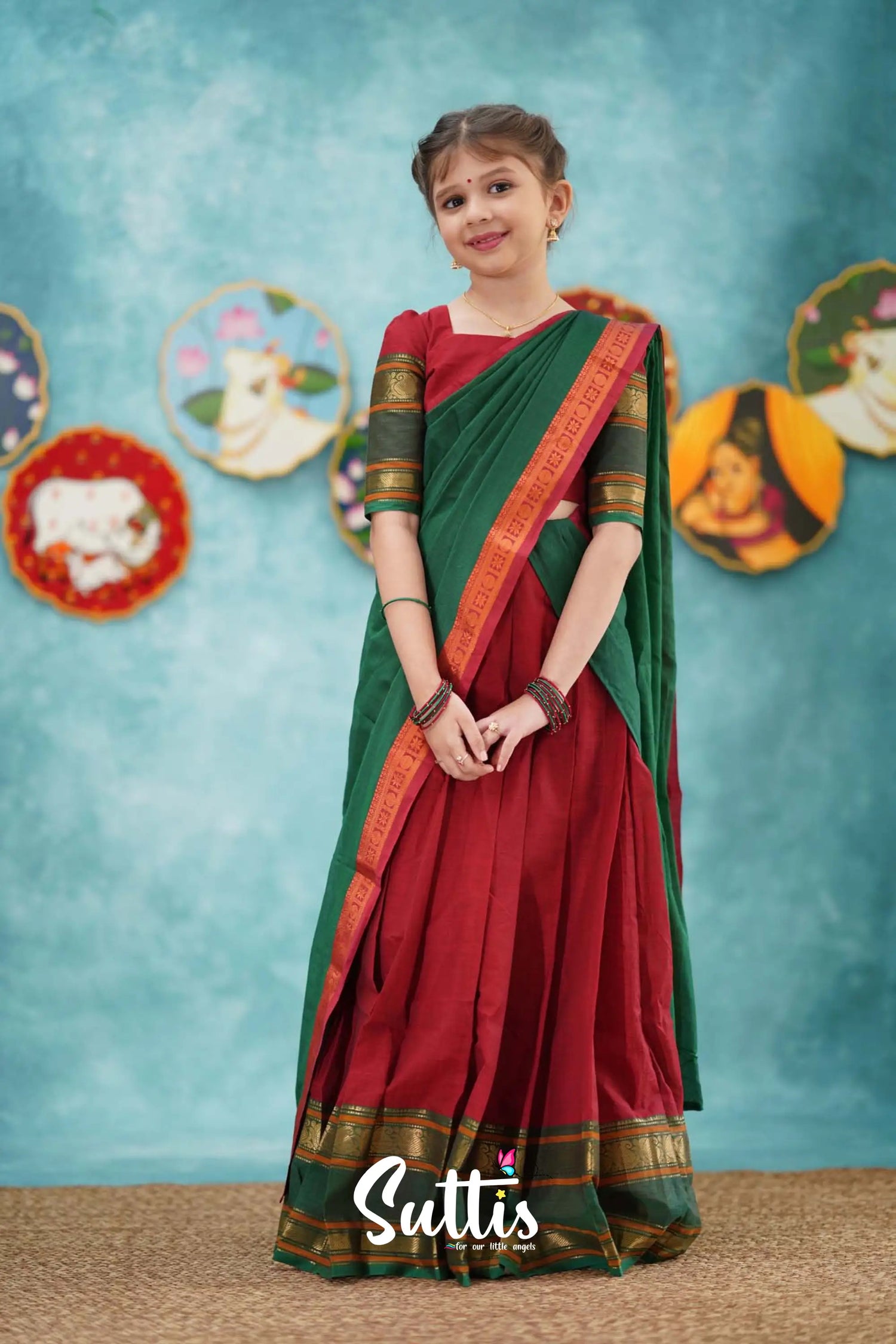 Kumaari - Red And Dark Green Cotton Halfsaree Kids-Suttis