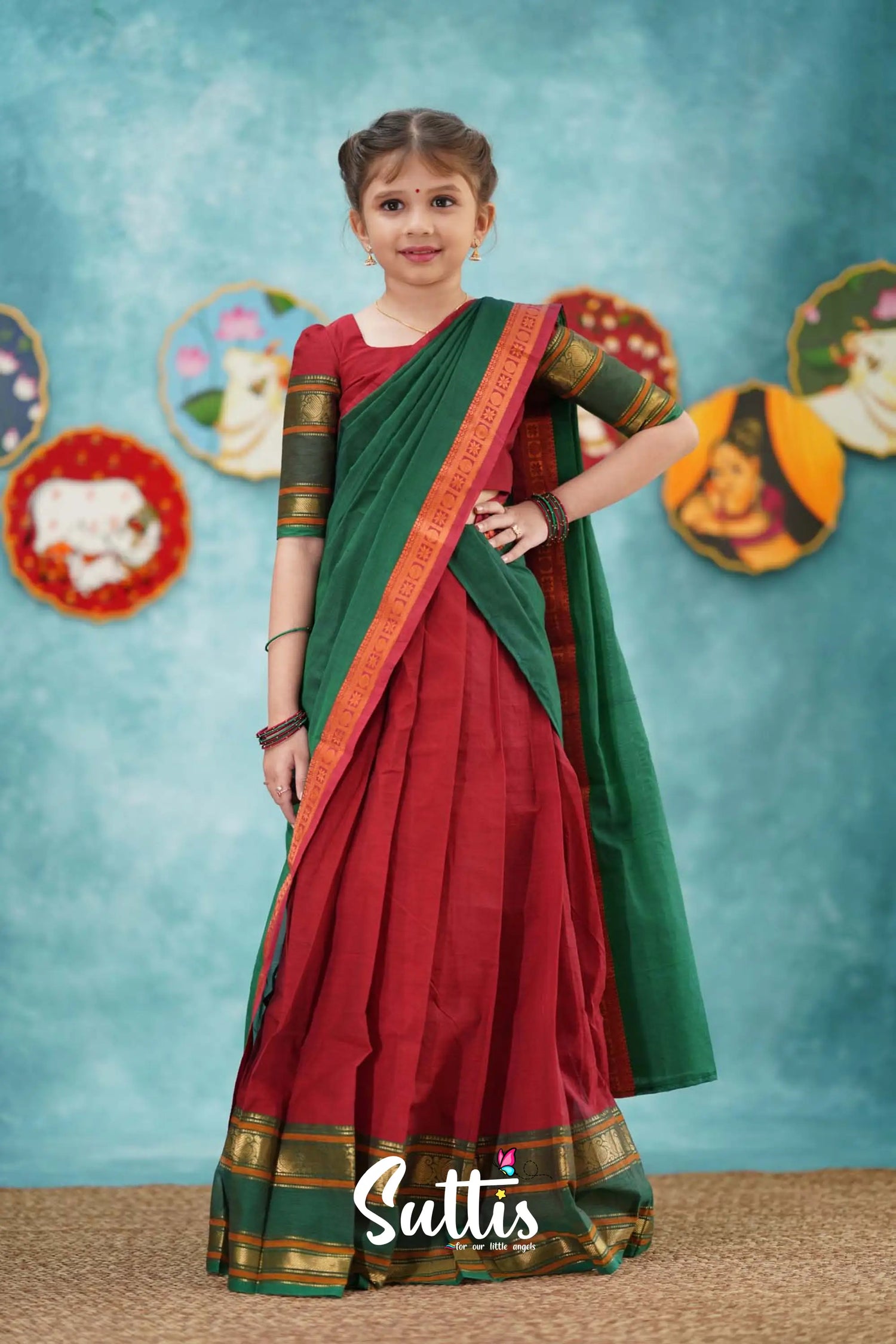 Kumaari - Red And Dark Green Cotton Halfsaree Kids-Suttis