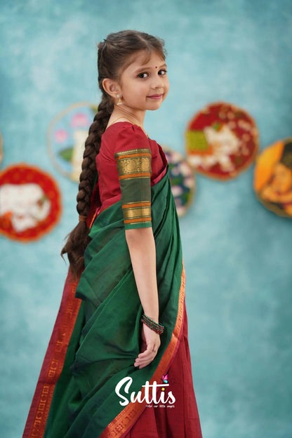 Kumaari - Red And Dark Green Cotton Halfsaree Kids-Suttis