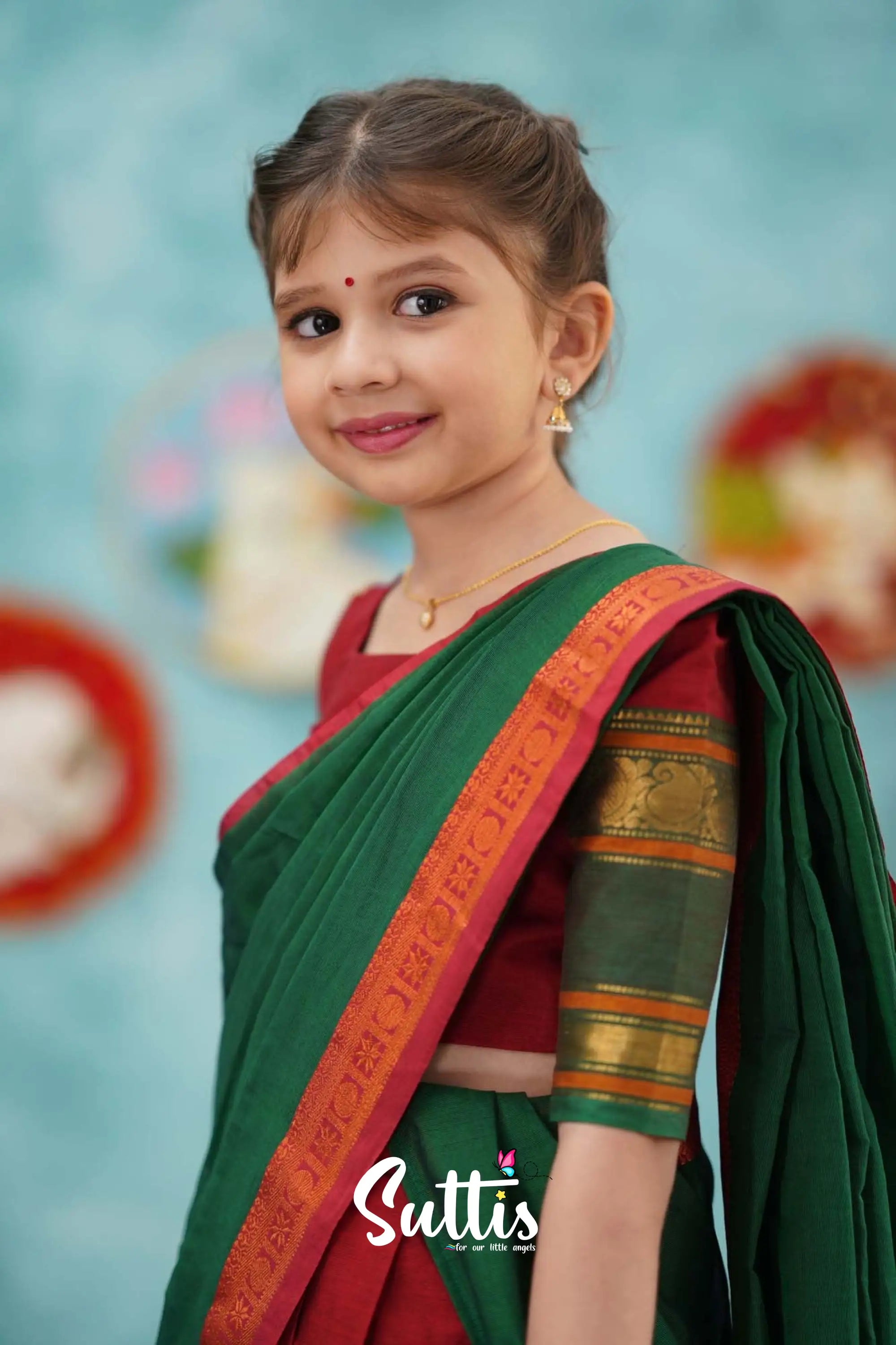 Kumaari - Red And Dark Green Cotton Halfsaree Kids-Suttis