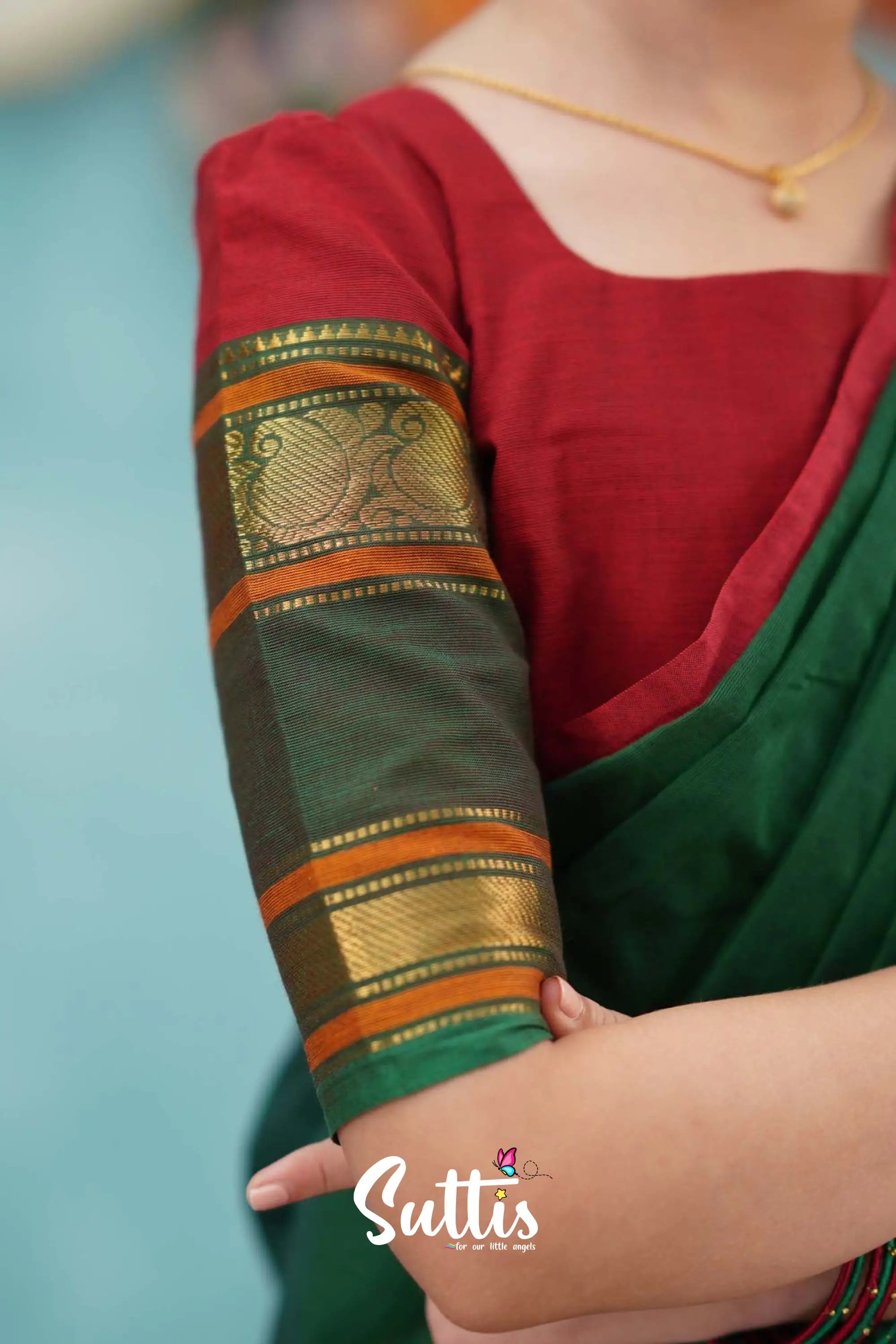 Kumaari - Red And Dark Green Cotton Halfsaree Kids-Suttis