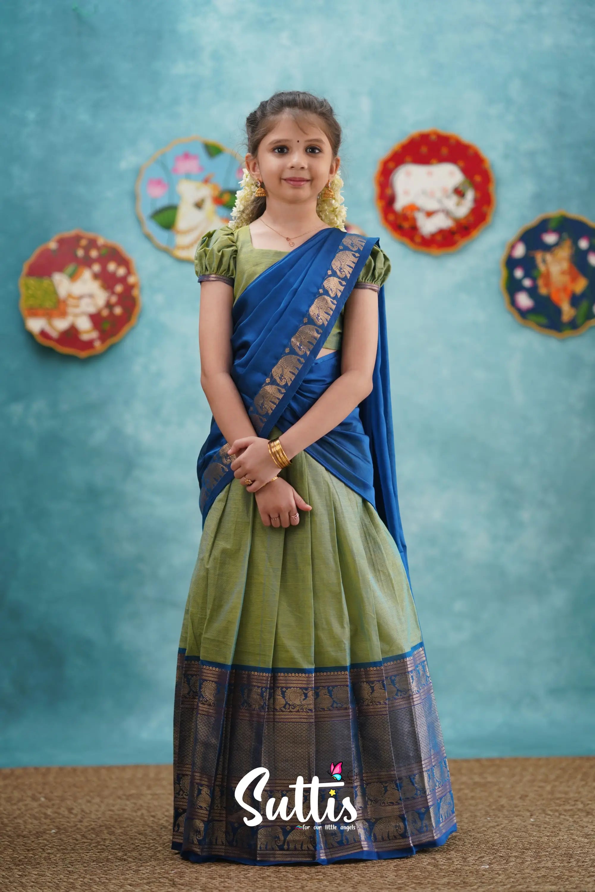 Kumaari - Sea Green And Blue Cotton Halfsaree Kids-Suttis