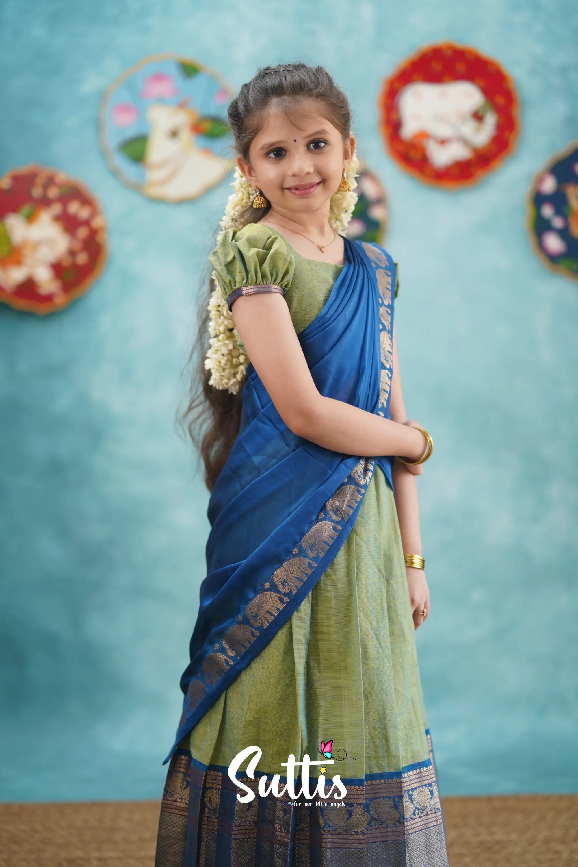 Kumaari - Sea Green And Blue Cotton Halfsaree Kids-Suttis