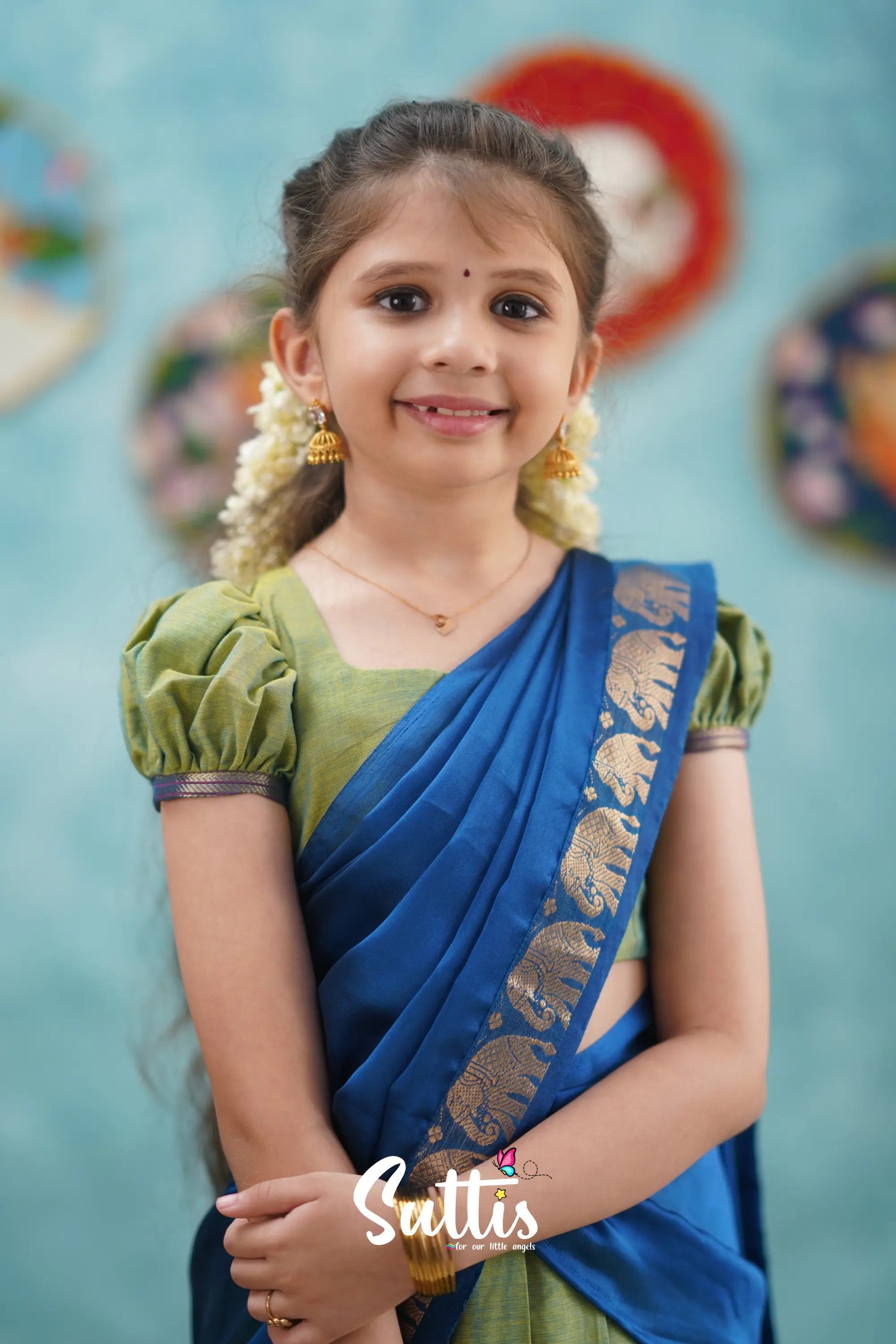 Kumaari - Sea Green And Blue Cotton Halfsaree Kids-Suttis